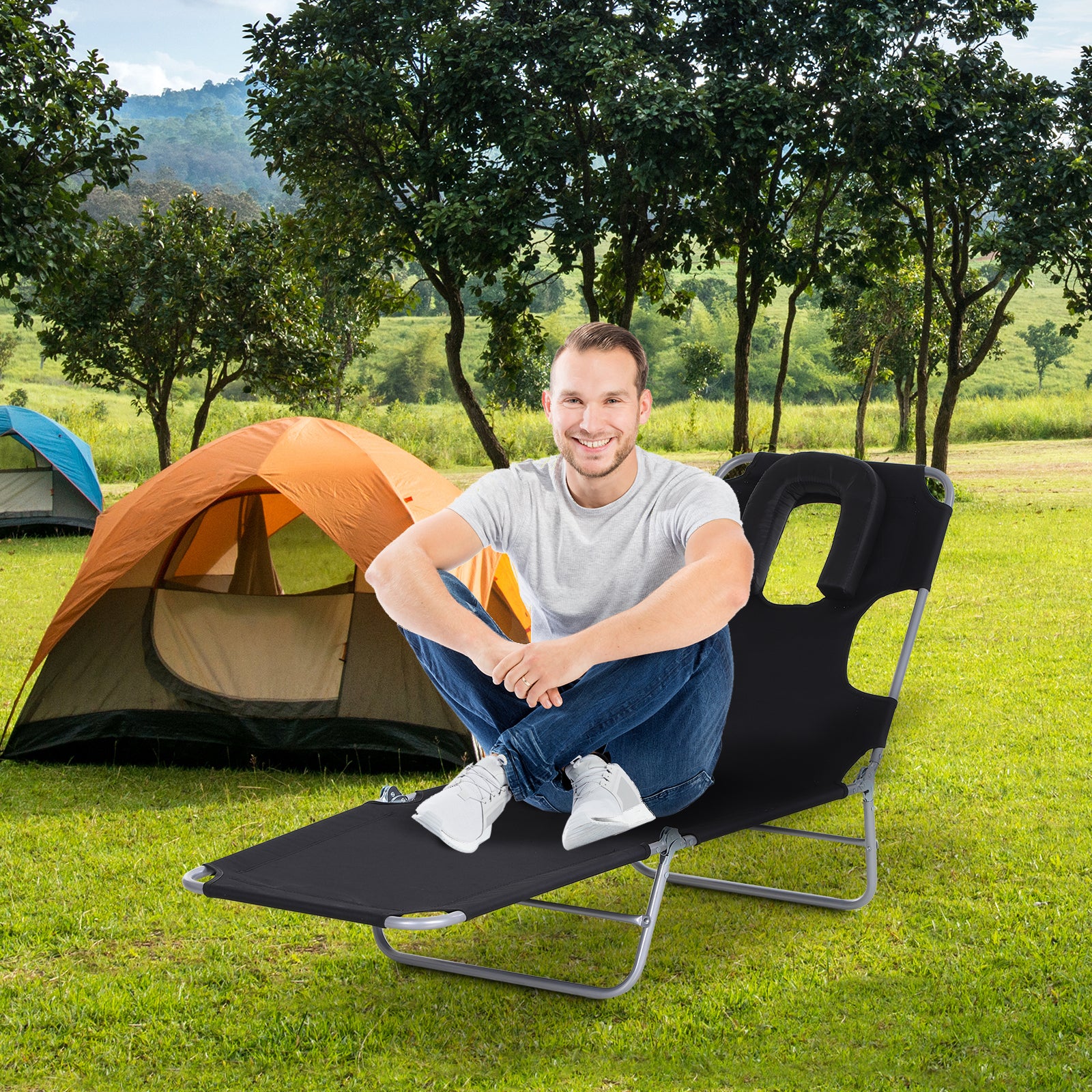 Outsunny Outdoor Lounge Chair, Adjustable Folding Chaise Lounge with Face Cavity, Tanning Chair Sun Lounger Bed Recliner, Black