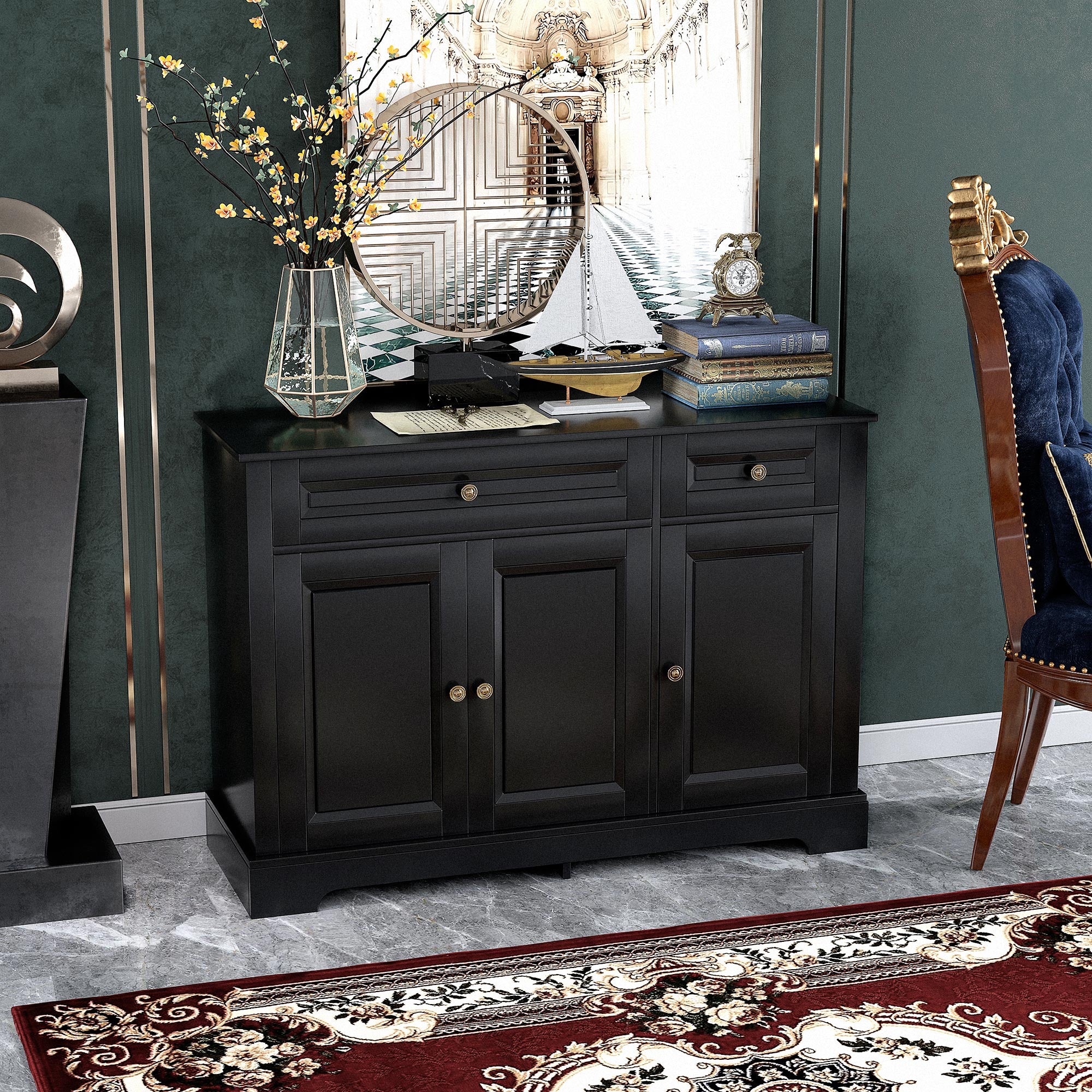 HOMCOM Sideboard Buffet Cabinet, Modern Kitchen Cabinet with 2 Drawers and Adjustable Shelves, Coffee Bar Cabinet, Black