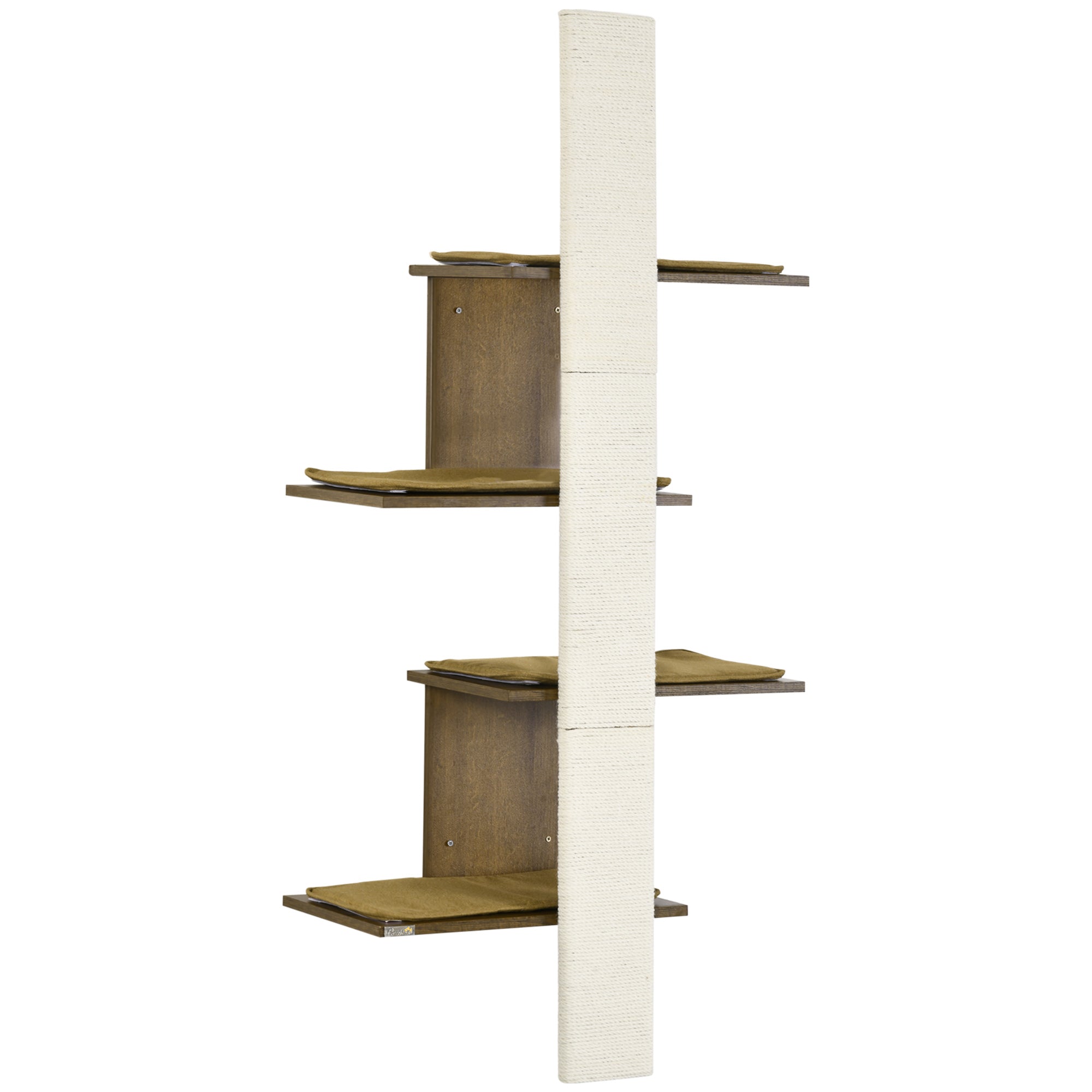 PawHut Wall-Mounted Cat Tree, 4-Layer Cat Wall Shelves Furniture with Scratching Board, Kitten Activity Center with Cushions, Natural