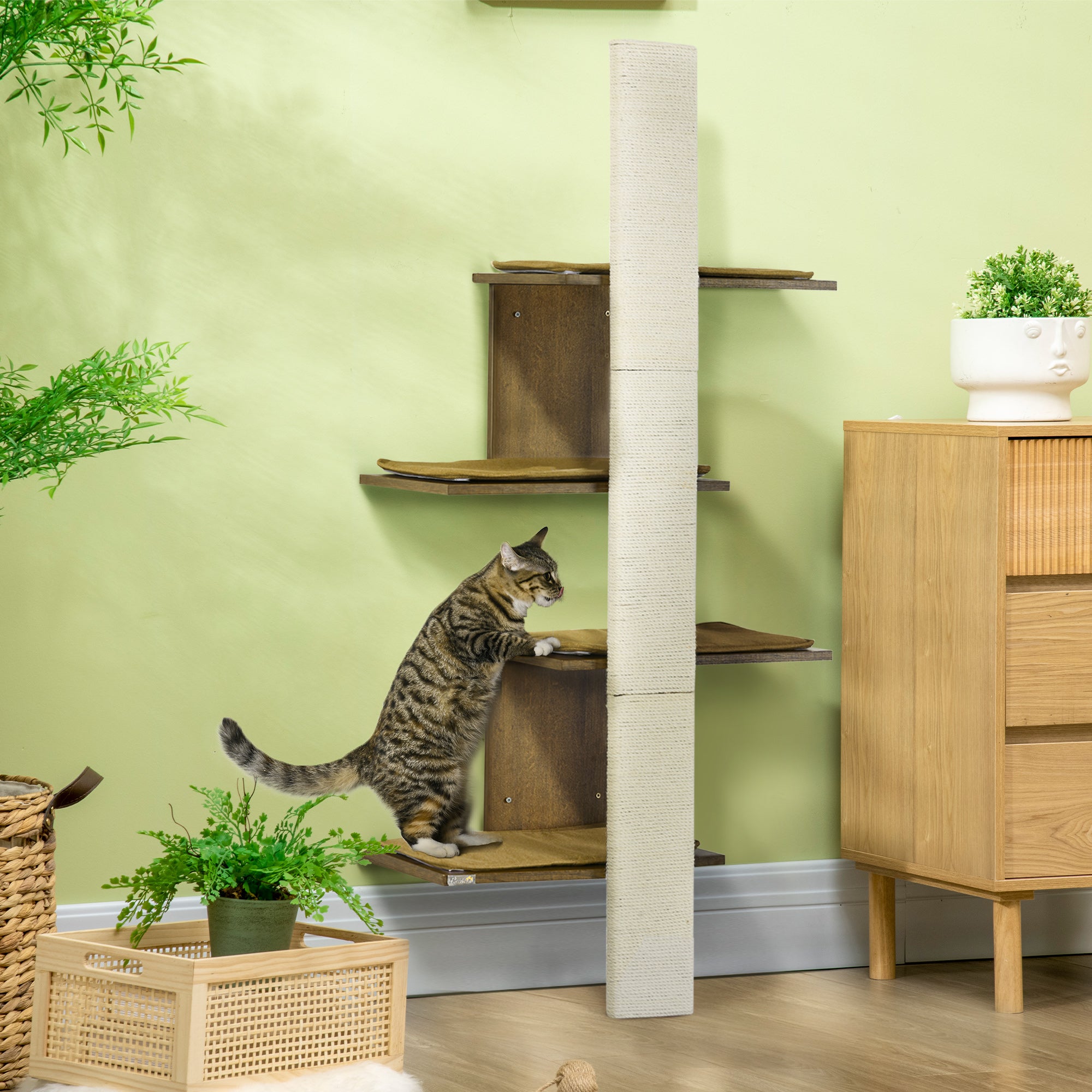 PawHut Wall-Mounted Cat Tree, 4-Layer Cat Wall Shelves Furniture with Scratching Board, Kitten Activity Center with Cushions, Natural