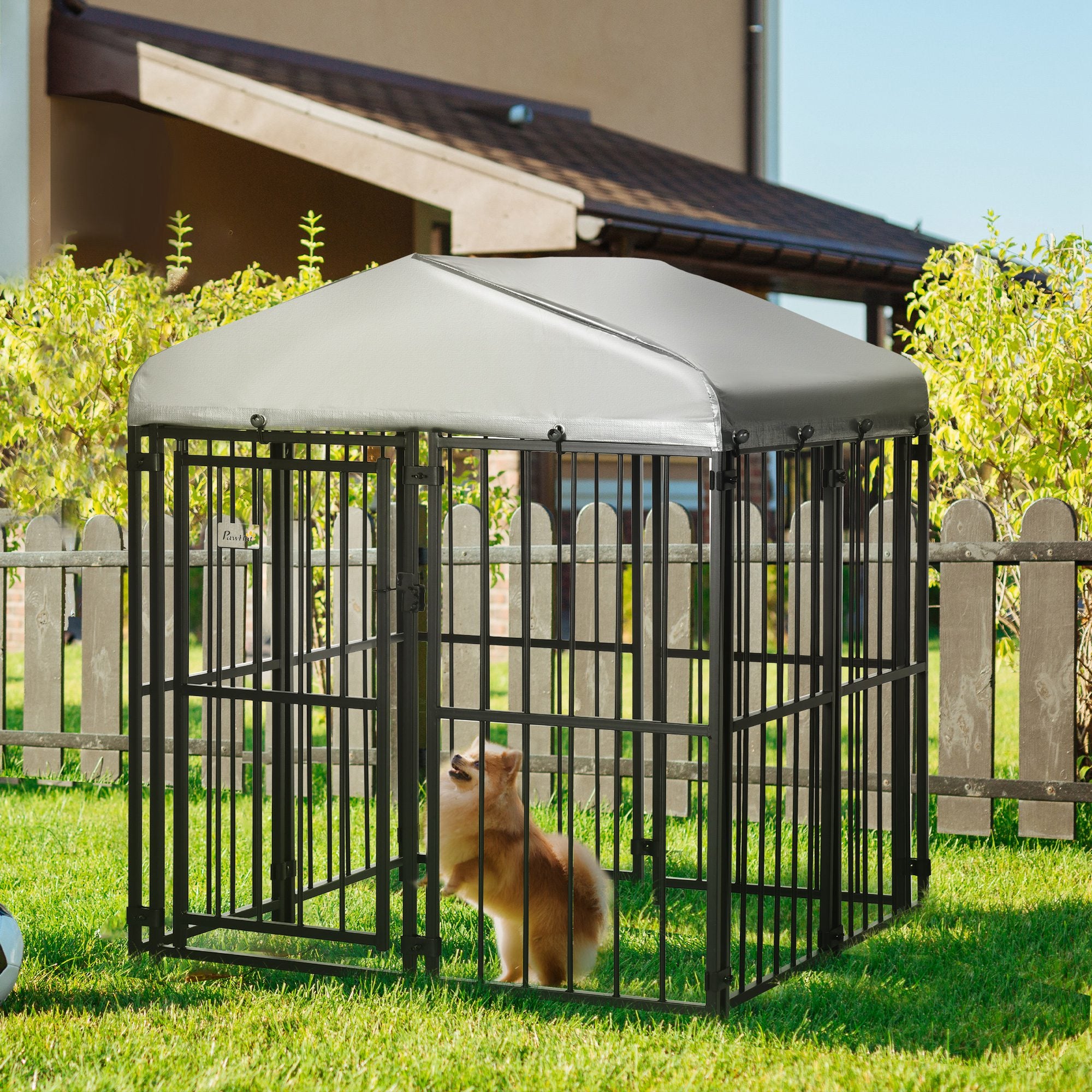 PawHut 4' x 4' Dog Kennel, Outdoor Dog Playpen Run with Waterproof, UV Resistant Canopy, Heavy-Duty Chain Link for Small and Medium Dogs