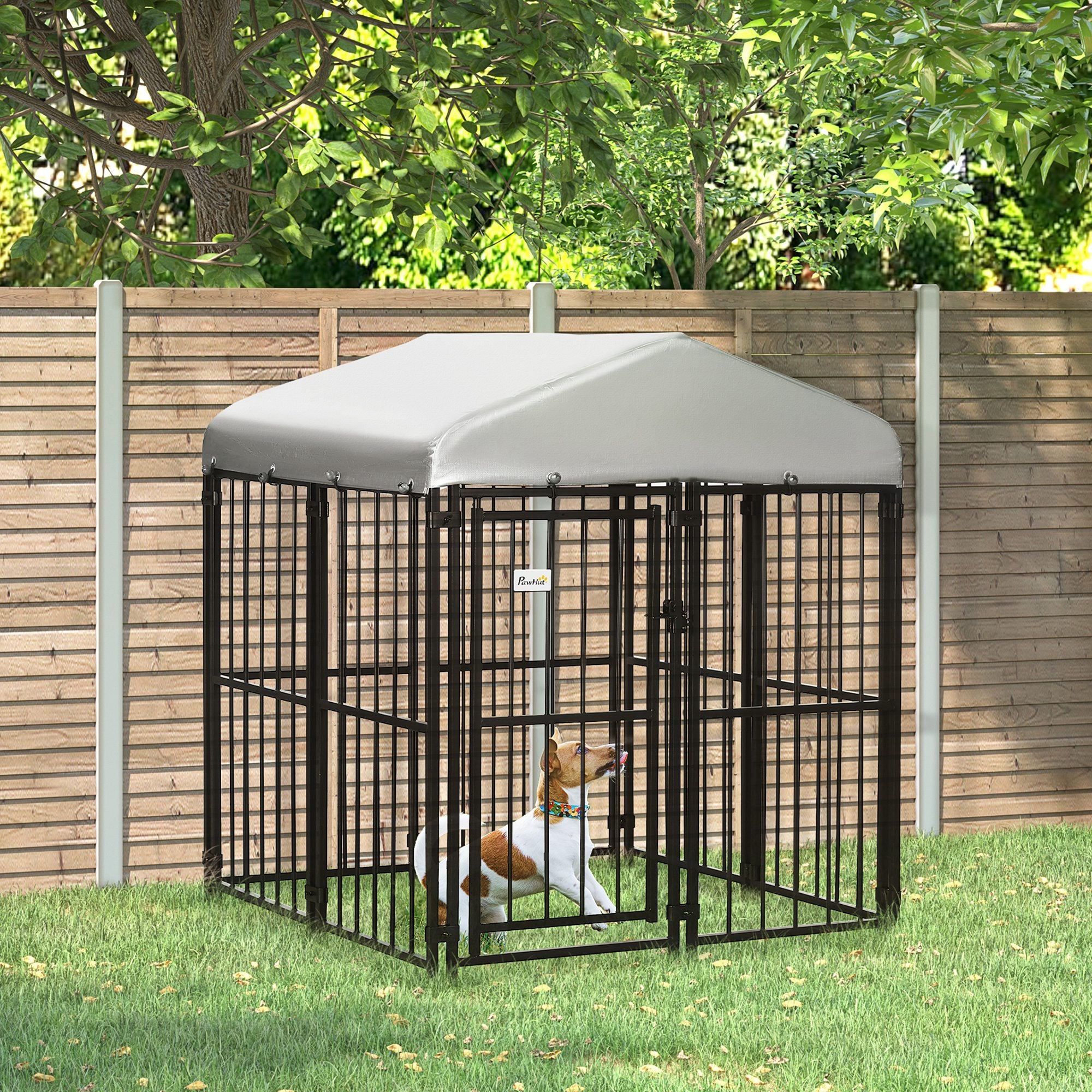 PawHut 4' x 4' Dog Kennel, Outdoor Dog Playpen Run with Waterproof, UV Resistant Canopy, Heavy-Duty Chain Link for Small and Medium Dogs