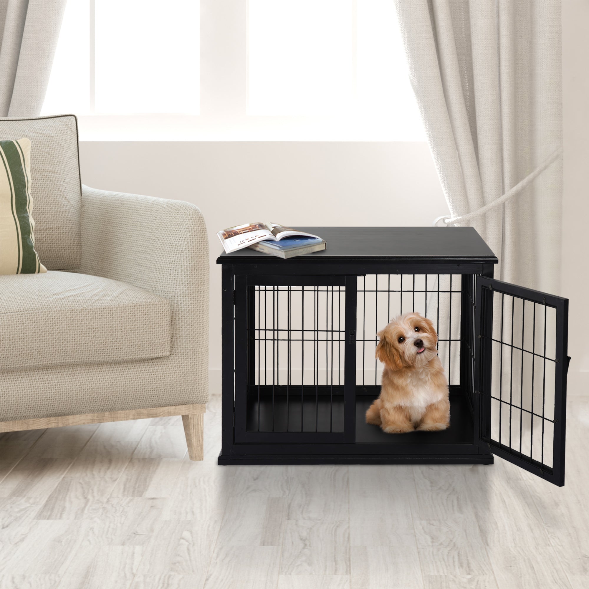 PawHut 32" Wooden Dog Crate Furniture Dog Cage, Modern Side Table Pet Kennel with Double Lockable Door, 32" L x 23" W x 26" H, Black