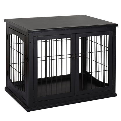 PawHut 32" Wooden Dog Crate Furniture Dog Cage, Modern Side Table Pet Kennel with Double Lockable Door, 32" L x 23" W x 26" H, Black