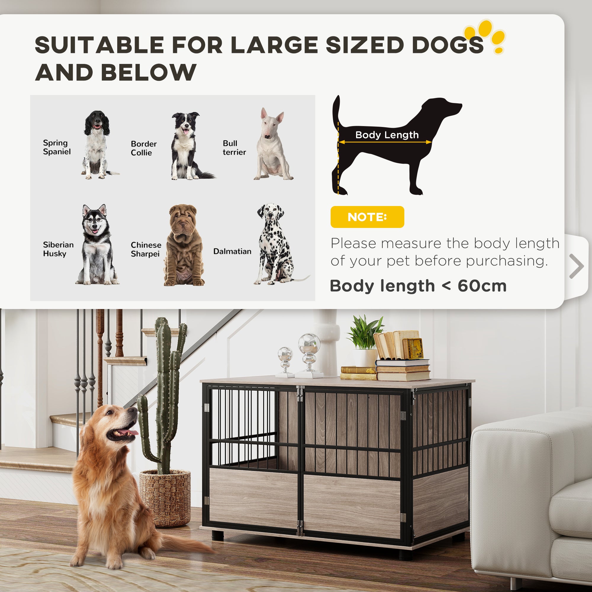 PawHut Dog Crate Furniture, Dog Cage End Table Indoor with 3 Doors, Furniture Style Dog Crate with Soft Washable Cushion, for Large Dogs, 100L x 60W x 68Hcm