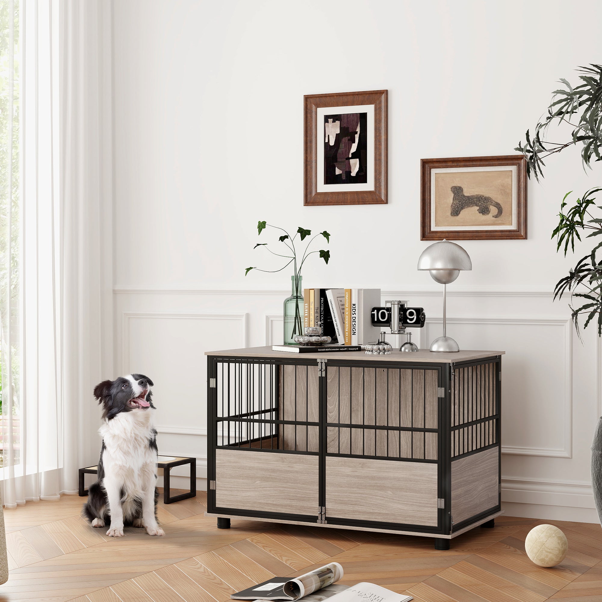 PawHut Dog Crate Furniture, Dog Cage End Table Indoor with 3 Doors, Furniture Style Dog Crate with Soft Washable Cushion, for Large Dogs, 100L x 60W x 68Hcm