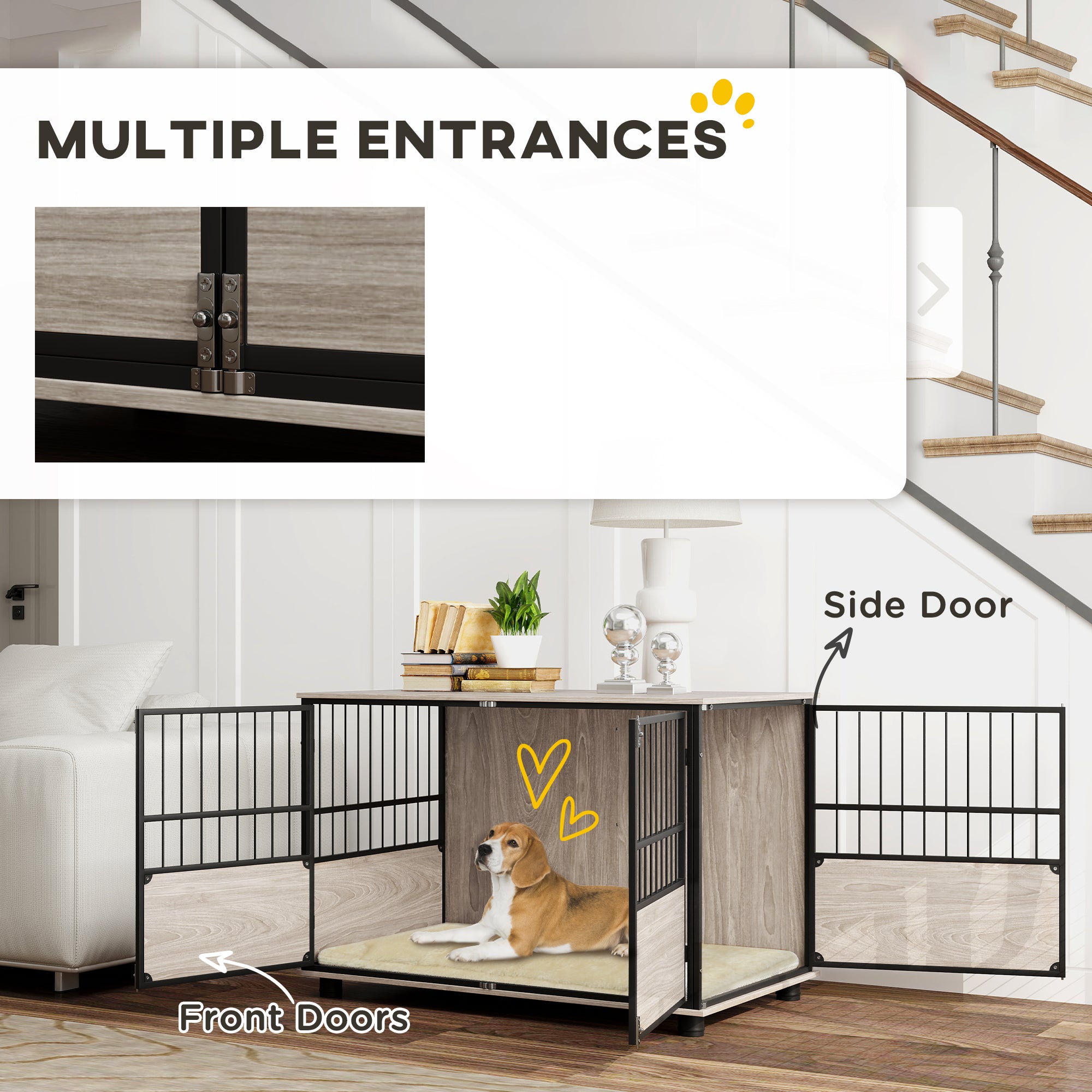 PawHut Dog Crate Furniture, Dog Cage End Table Indoor with 3 Doors, Furniture Style Dog Crate with Soft Washable Cushion, for Large Dogs, 100L x 60W x 68Hcm