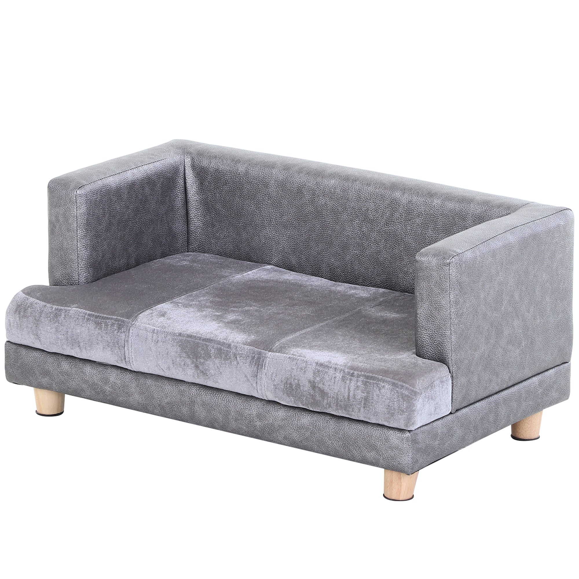 PawHut Dog Sofa Bed for Small-Sized Dogs, Elevated Pet Chair with PU Cover, Soft Cushion, Cat Couch Lounger with Anti-slip Legs - Grey