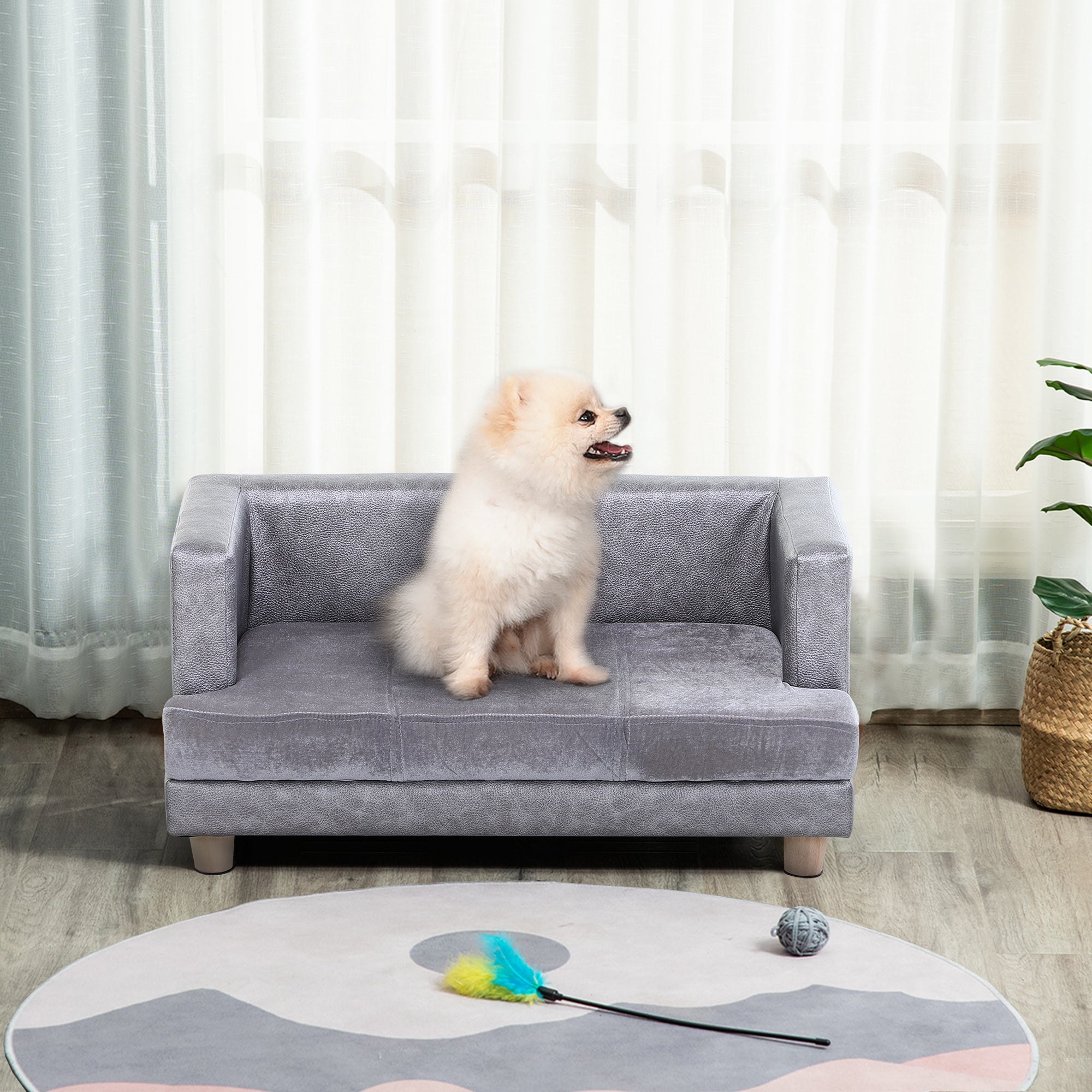 PawHut Dog Sofa Bed for Small-Sized Dogs, Elevated Pet Chair with PU Cover, Soft Cushion, Cat Couch Lounger with Anti-slip Legs - Grey