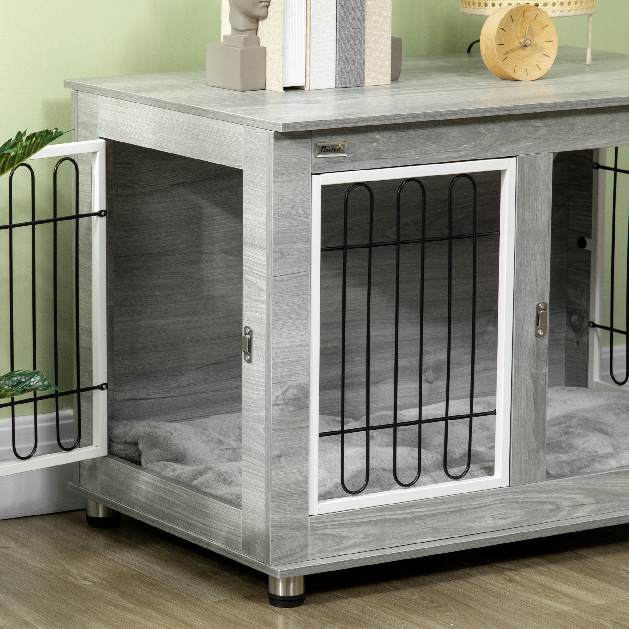 PawHut Dog Crate Furniture, Side End Table, Indoor Dog Kennel with Soft Washable Cushion, Wire Mesh, Large Top, for Medium and Large Dogs,90 x 58 x 65, Grey