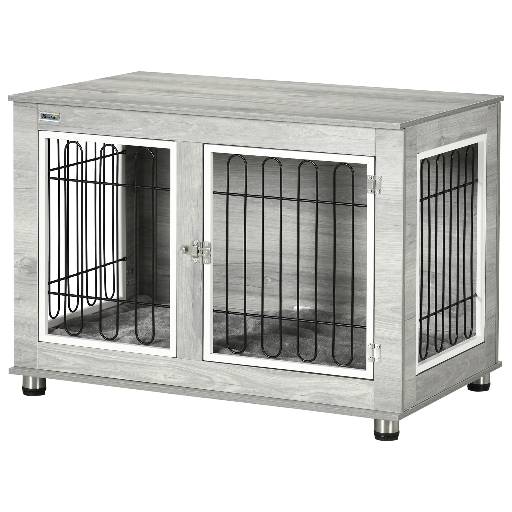 PawHut Dog Crate Furniture, Side End Table, Indoor Dog Kennel with Soft Washable Cushion, Wire Mesh, Large Top, for Medium and Large Dogs,90 x 58 x 65, Grey