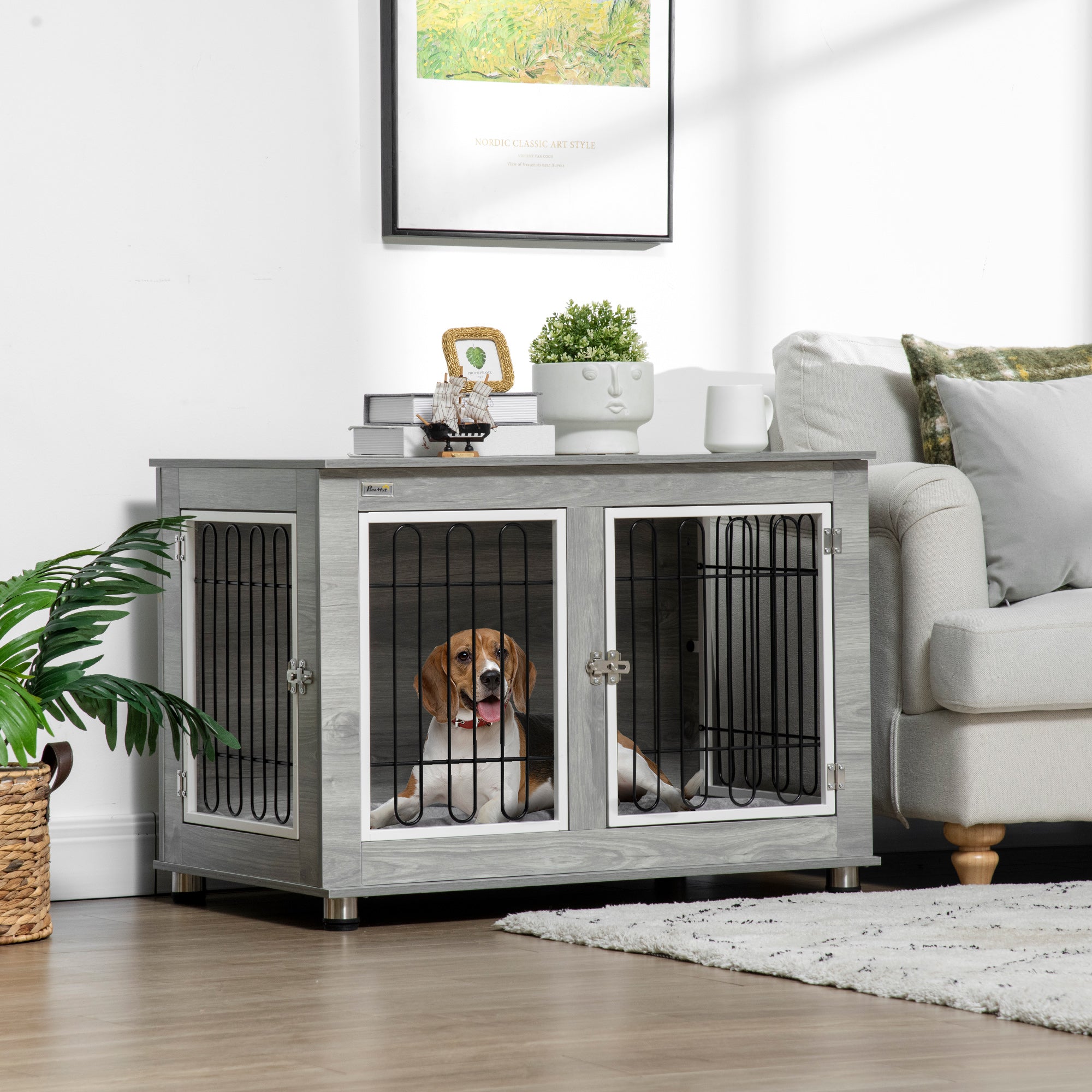 PawHut Dog Crate Furniture, Side End Table, Indoor Dog Kennel with Soft Washable Cushion, Wire Mesh, Large Top, for Medium and Large Dogs,90 x 58 x 65, Grey