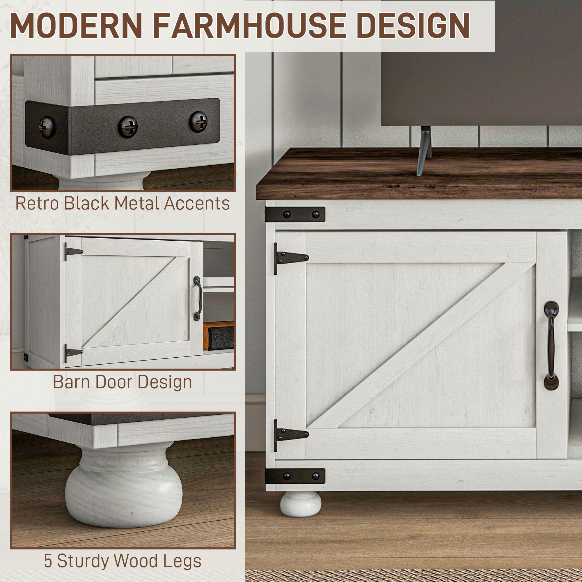HOMCOM TV Stand for up to 65" TV, Modern Farmhouse Entertainment Center with 2 Cable Holes, TV Console Table with 2 Adjustable Shelves for Living Room, Distressed White