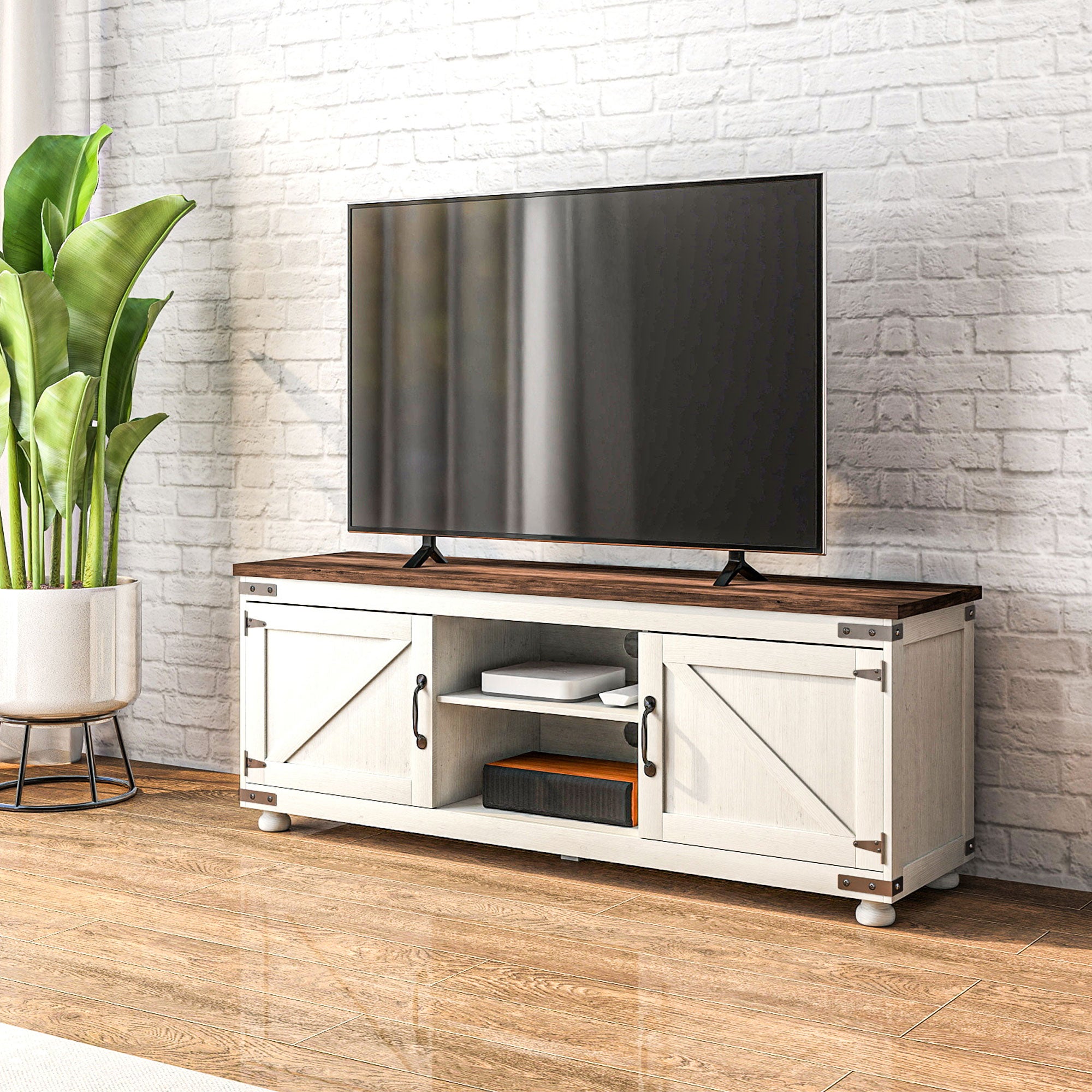 HOMCOM TV Stand for up to 65" TV, Modern Farmhouse Entertainment Center with 2 Cable Holes, TV Console Table with 2 Adjustable Shelves for Living Room, Distressed White