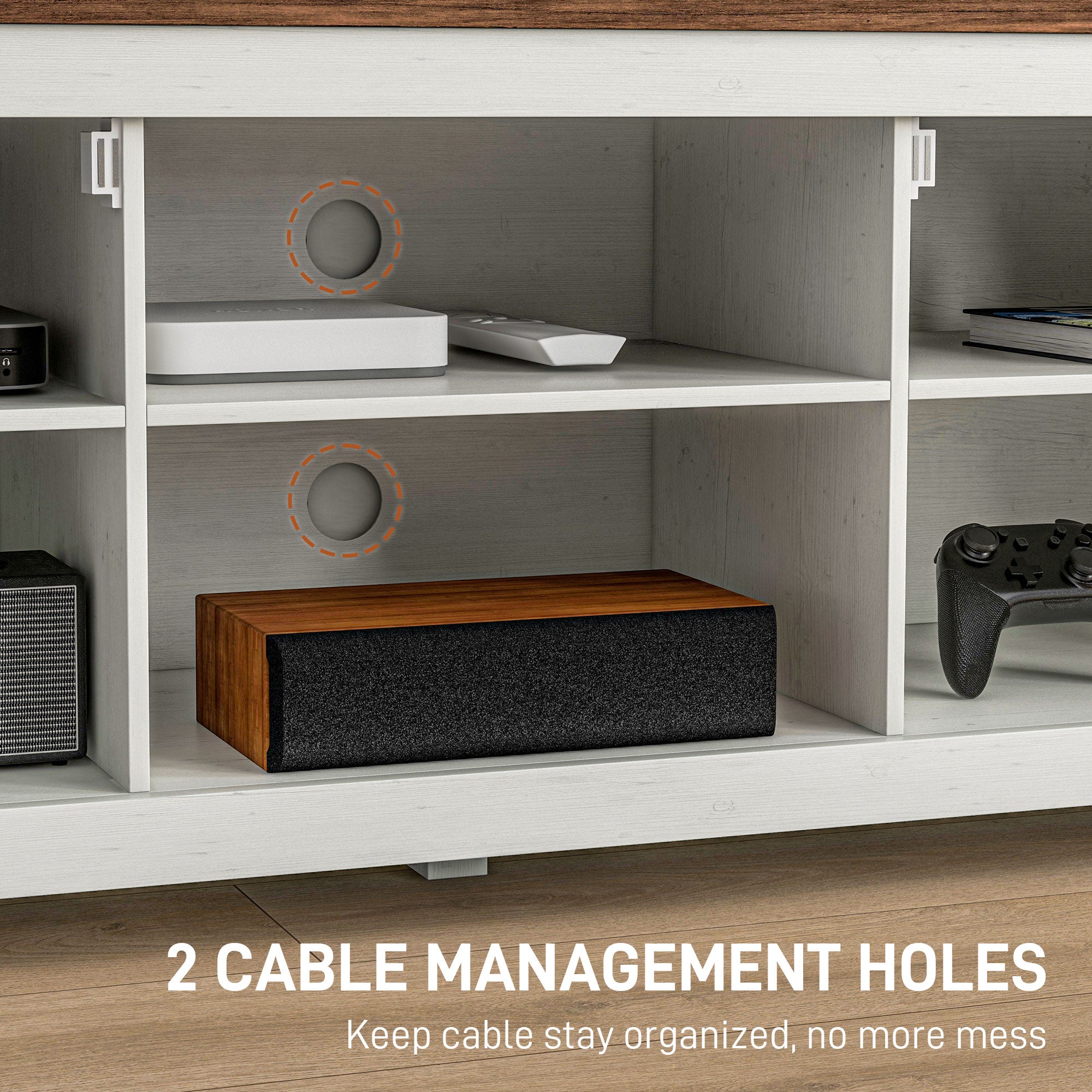 HOMCOM TV Stand for up to 65" TV, Modern Farmhouse Entertainment Center with 2 Cable Holes, TV Console Table with 2 Adjustable Shelves for Living Room, Distressed White