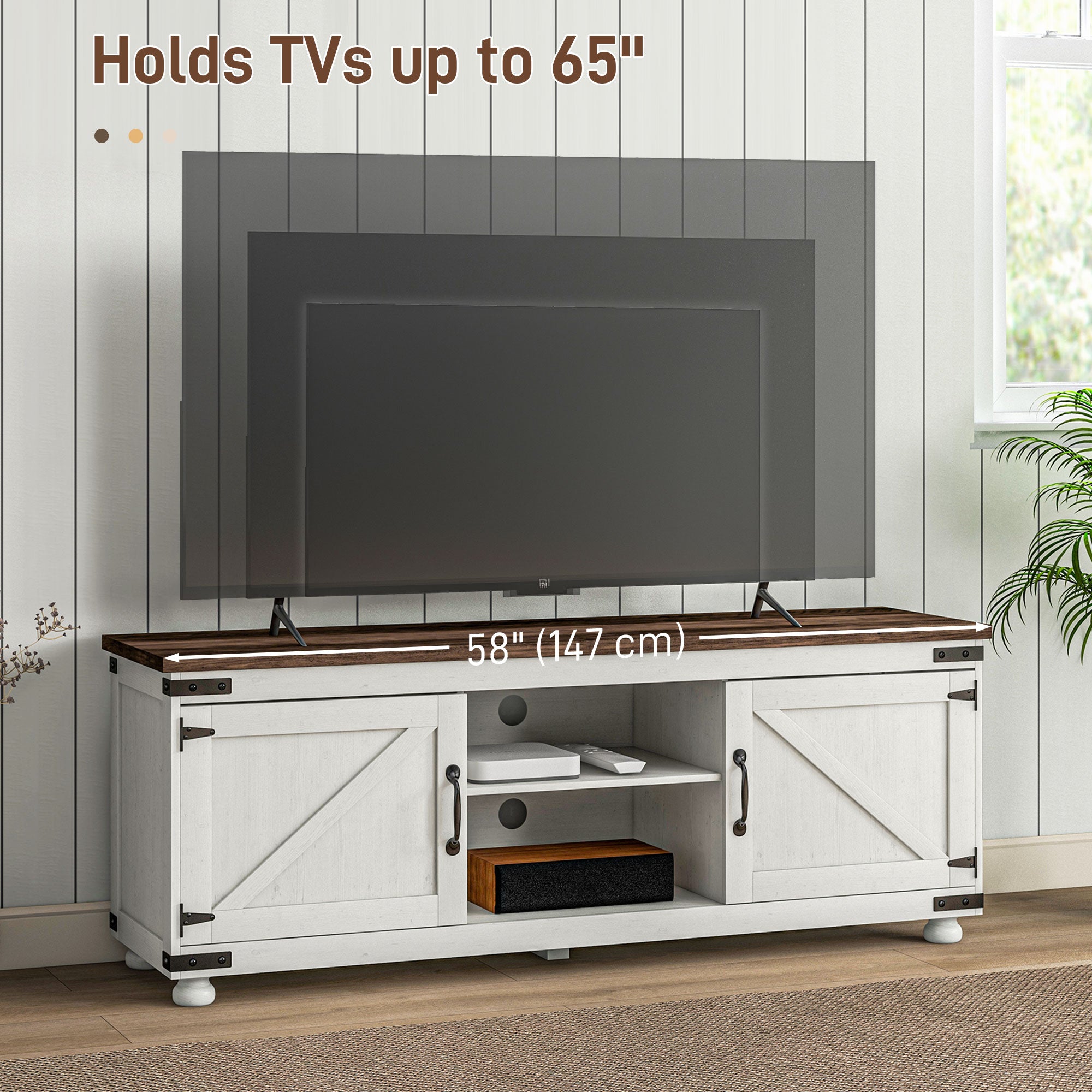 HOMCOM TV Stand for up to 65" TV, Modern Farmhouse Entertainment Center with 2 Cable Holes, TV Console Table with 2 Adjustable Shelves for Living Room, Distressed White