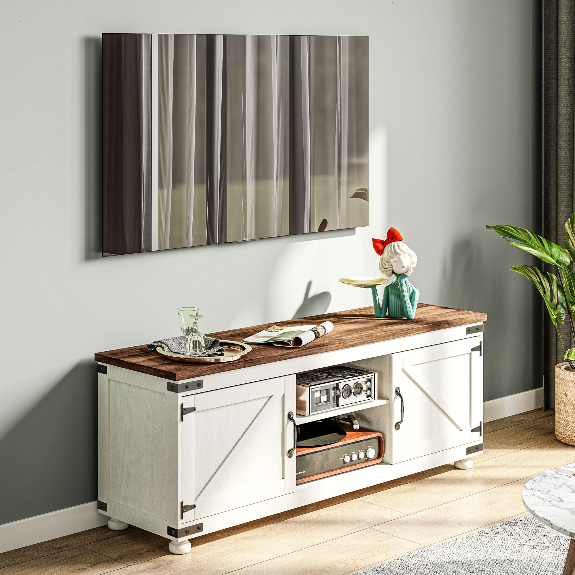 HOMCOM TV Stand for up to 65" TV, Modern Farmhouse Entertainment Center with 2 Cable Holes, TV Console Table with 2 Adjustable Shelves for Living Room, Distressed White