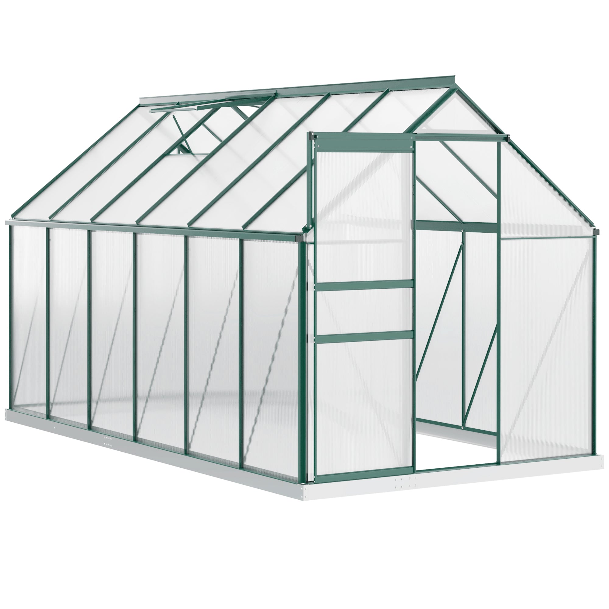 Outsunny 6' x 12' x 6.5' Polycarbonate Greenhouse, Walk-in Green House with Adjustable Roof Vent Galvanized Base Sliding Door Rain Gutter for Outdoor Garden Backyard, Green
