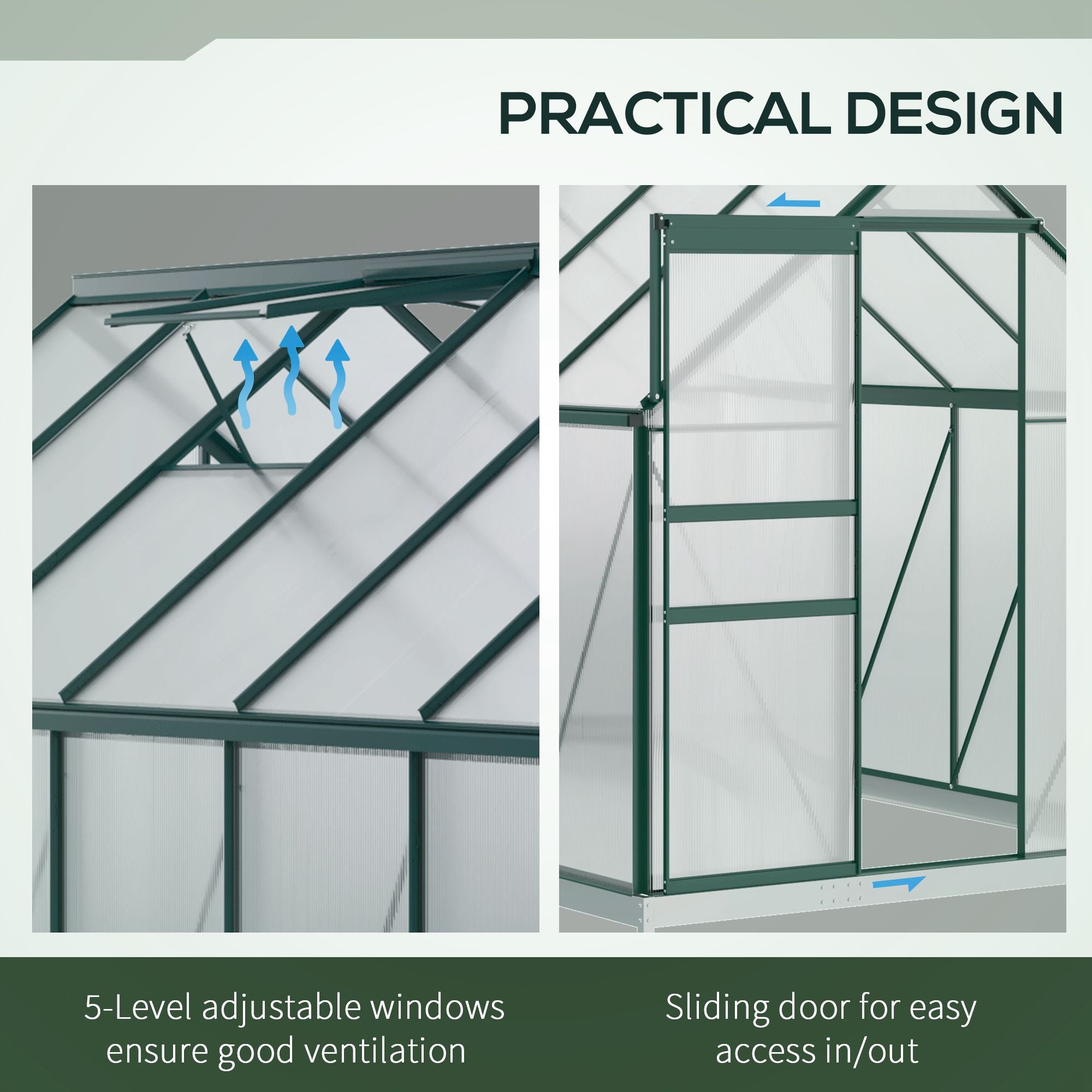 Outsunny 6' x 12' x 6.5' Polycarbonate Greenhouse, Walk-in Green House with Adjustable Roof Vent Galvanized Base Sliding Door Rain Gutter for Outdoor Garden Backyard, Green