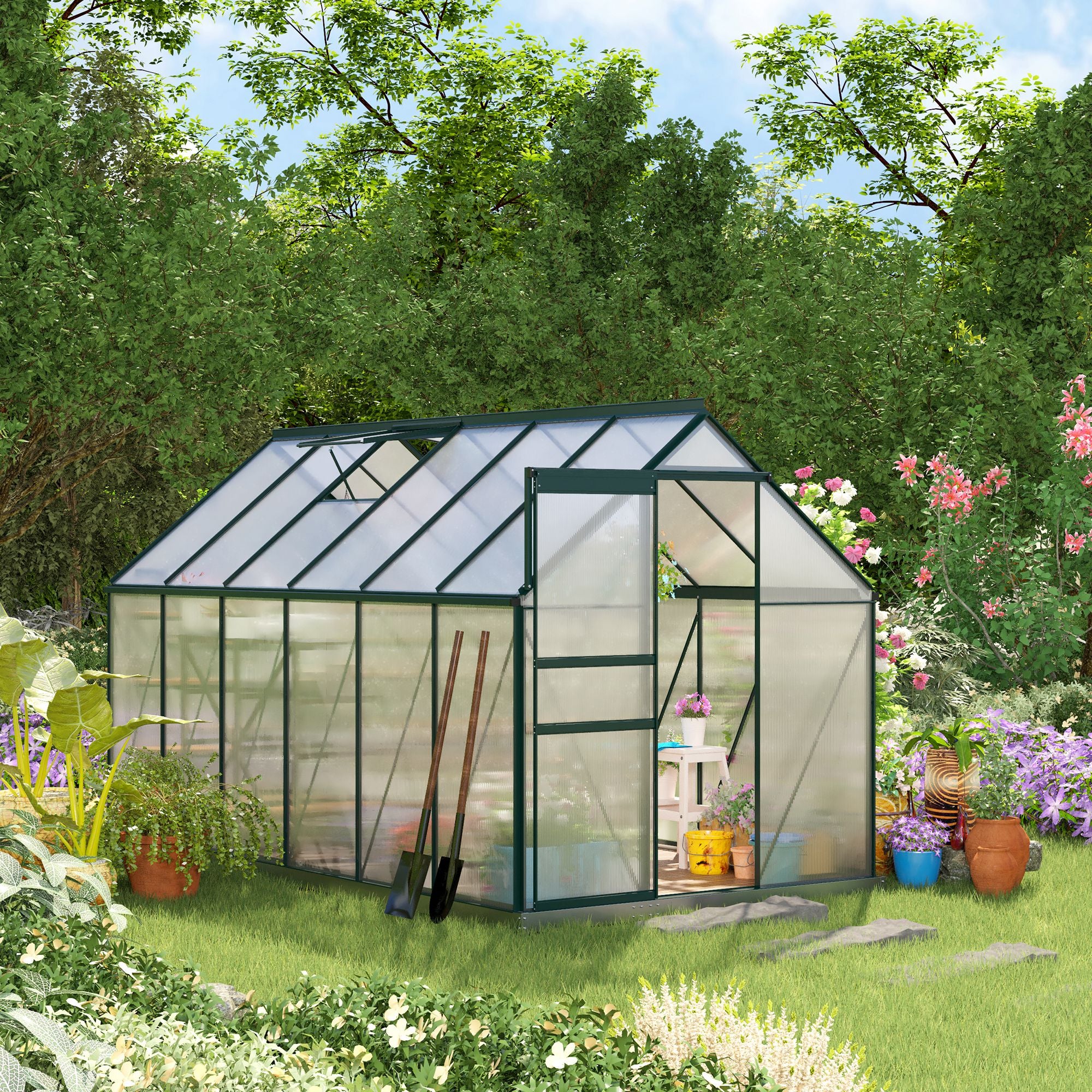 Outsunny 6' x 12' x 6.5' Polycarbonate Greenhouse, Walk-in Green House with Adjustable Roof Vent Galvanized Base Sliding Door Rain Gutter for Outdoor Garden Backyard, Green