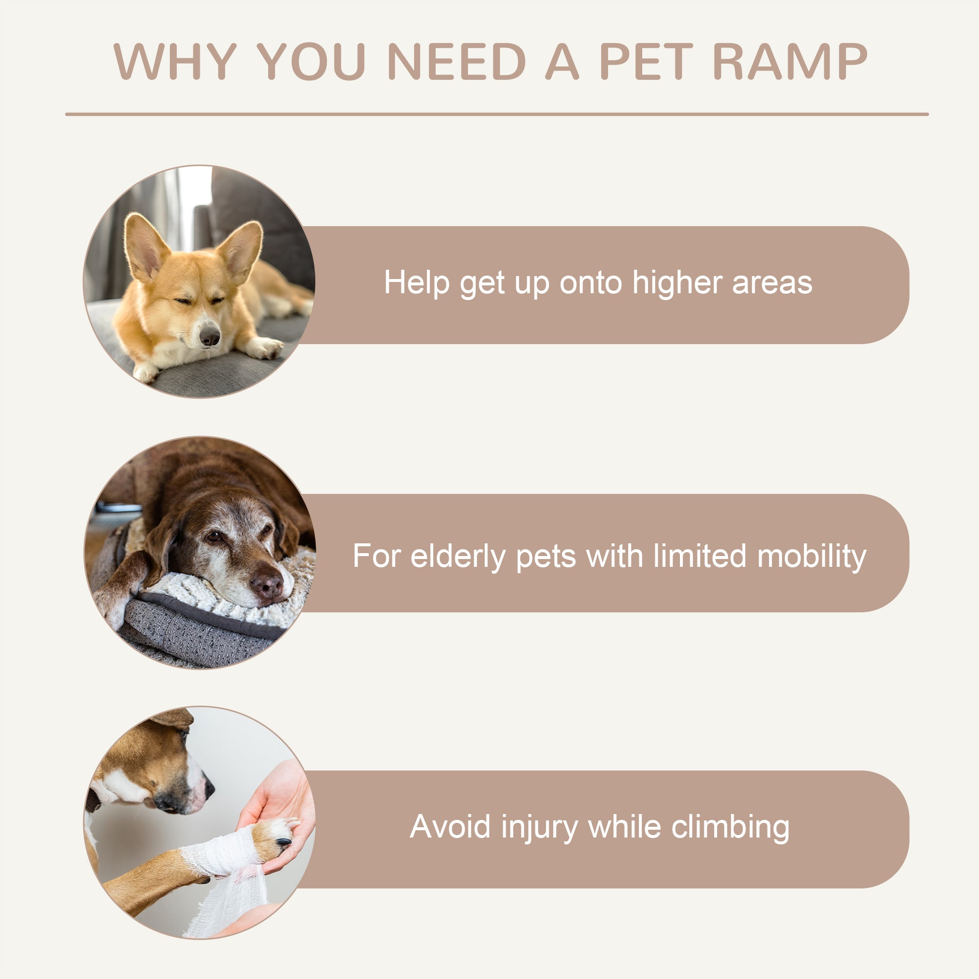 PawHut Dog Ramp for Bed Couch, Foldable Pet Ramp Height Adjustable 4 Levels from 14.75" to 24.5" for Cats and Small Dogs with Non-Slip Carpeted Surface, Natural