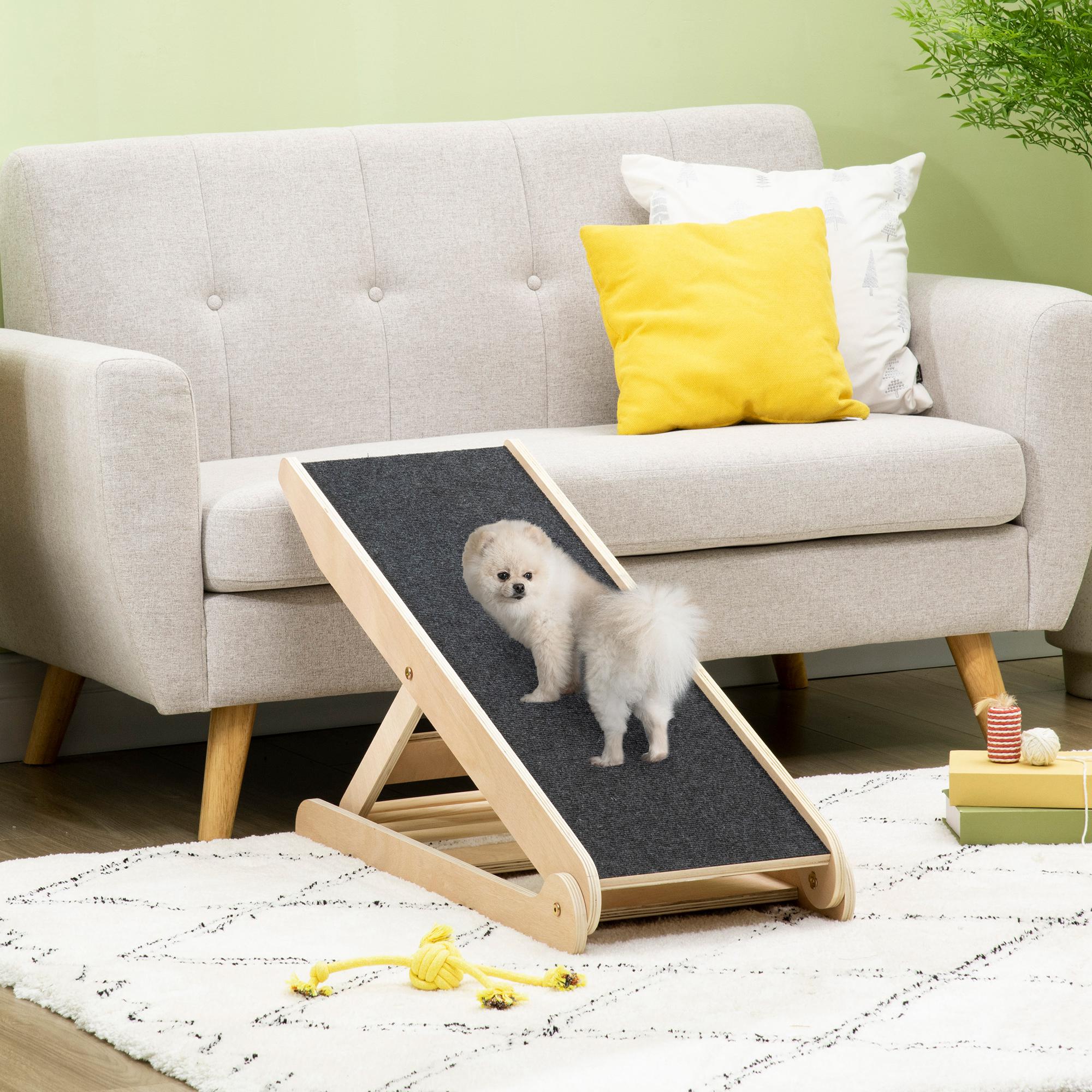 PawHut Dog Ramp for Bed Couch, Foldable Pet Ramp Height Adjustable 4 Levels from 14.75" to 24.5" for Cats and Small Dogs with Non-Slip Carpeted Surface, Natural