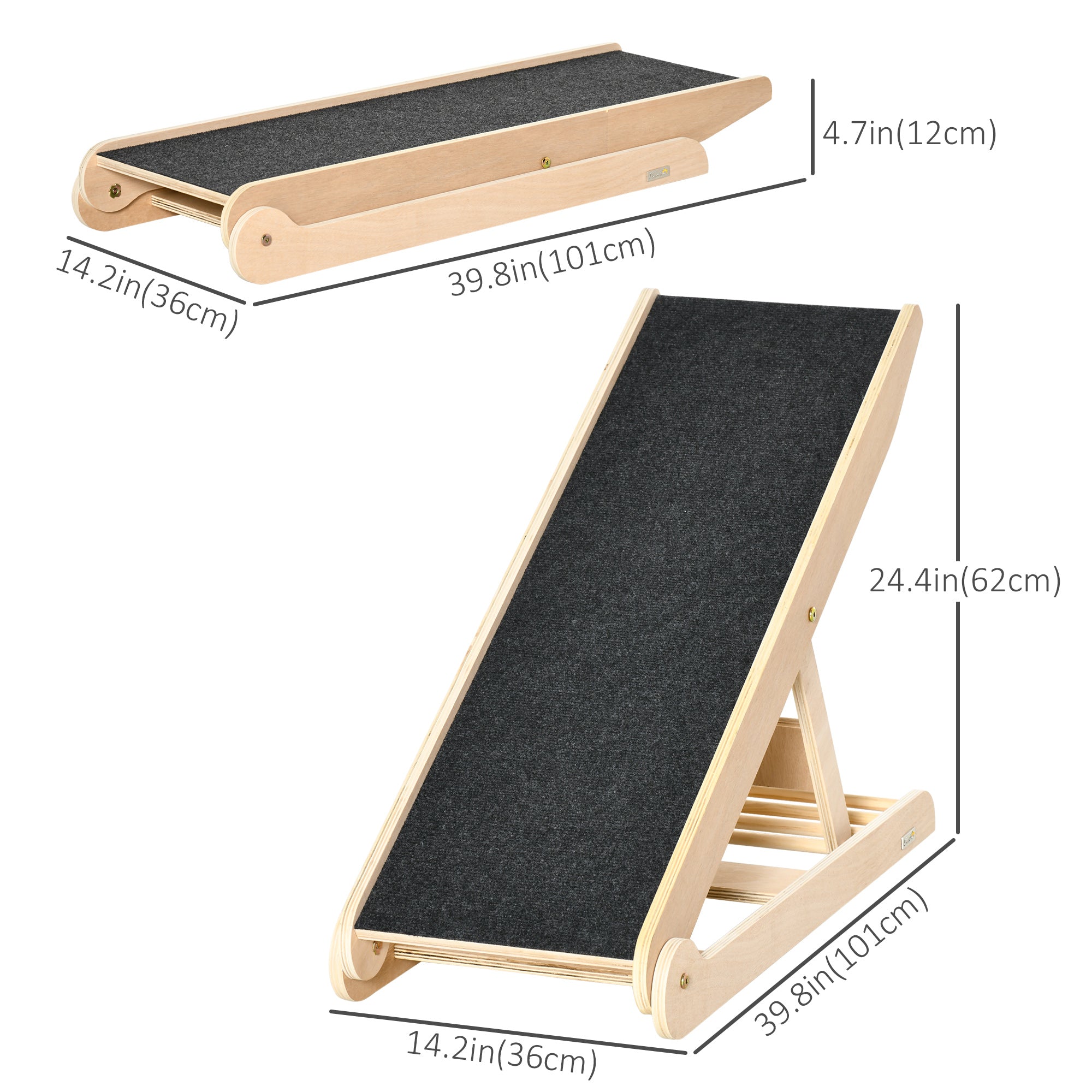 PawHut Dog Ramp for Bed Couch, Foldable Pet Ramp Height Adjustable 4 Levels from 14.75" to 24.5" for Cats and Small Dogs with Non-Slip Carpeted Surface, Natural