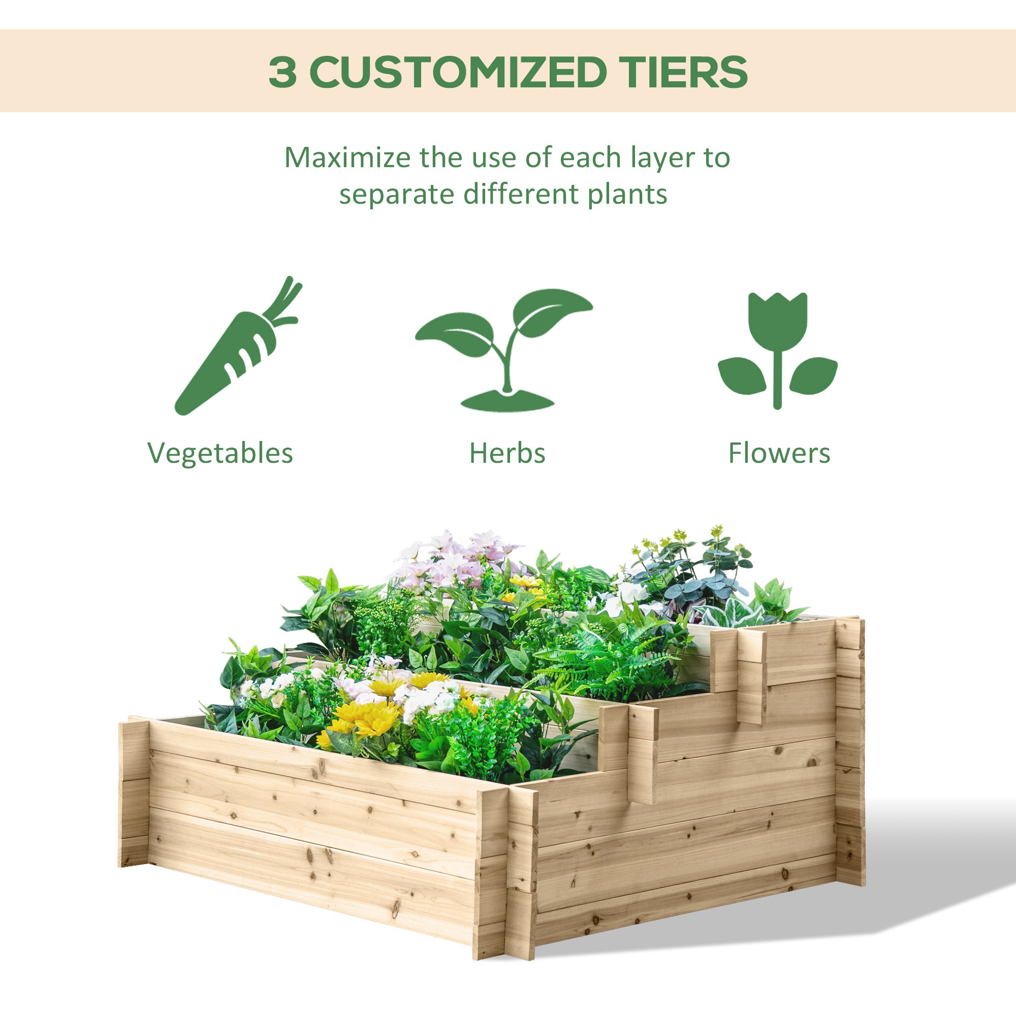 Outsunny 3-Tier Wood Raised Garden Bed, Elevated Planting Box, Outdoor Vegetable Flower Container, Herb Garden Indoor Kit, Natural