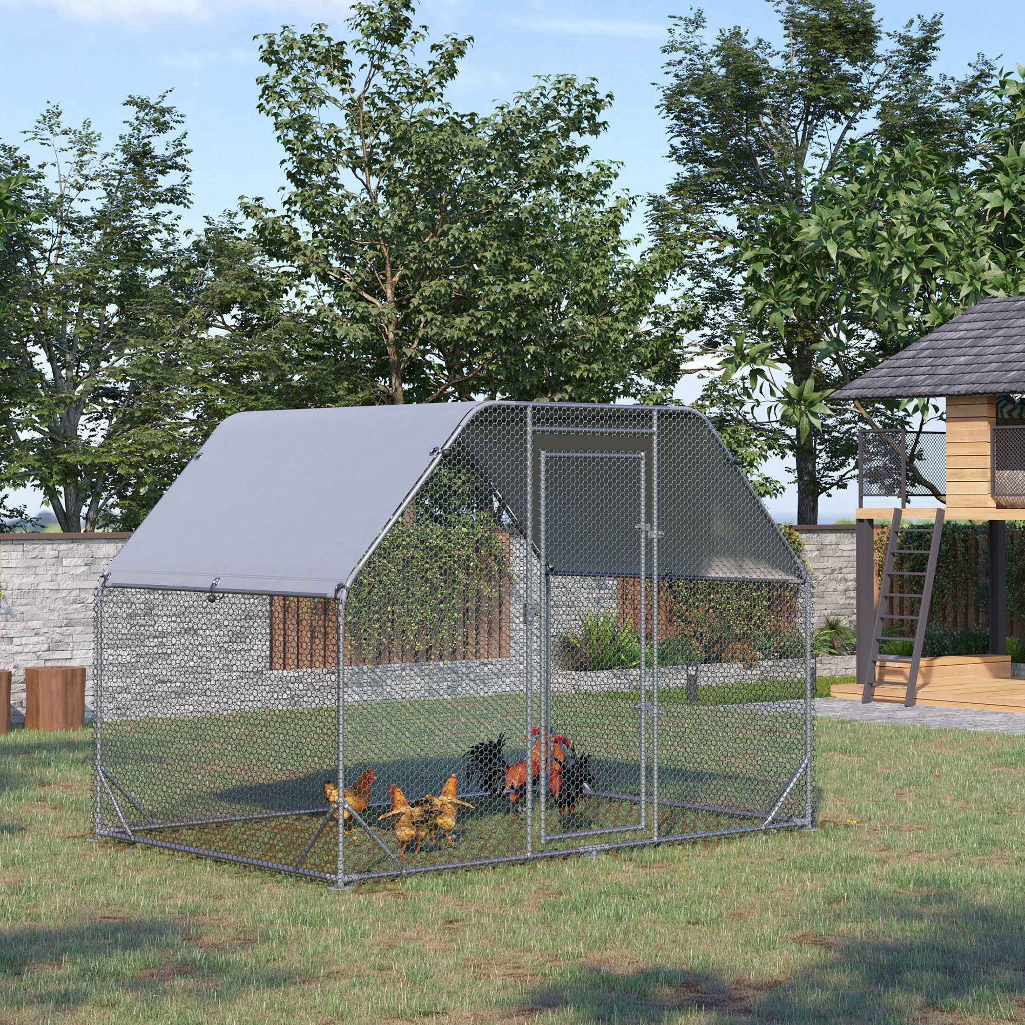 PawHut Galvanized Large Metal Chicken Coop Cage Walk-in Enclosure Poultry Hen Run House Playpen Rabbit Hutch with Cover for Outdoor Backyard 9.2' x 6.2' x 6.5' Silver