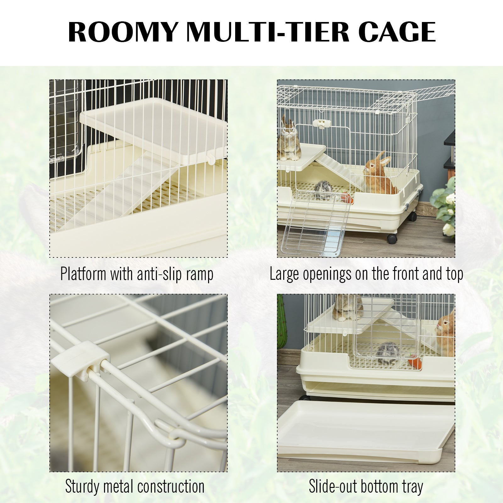 PawHut 2-Level Small Animal Cage Rabbit Hutch with Wheels, Removable Tray, Platform and Ramp for Bunny, Chinchillas, Ferret, White