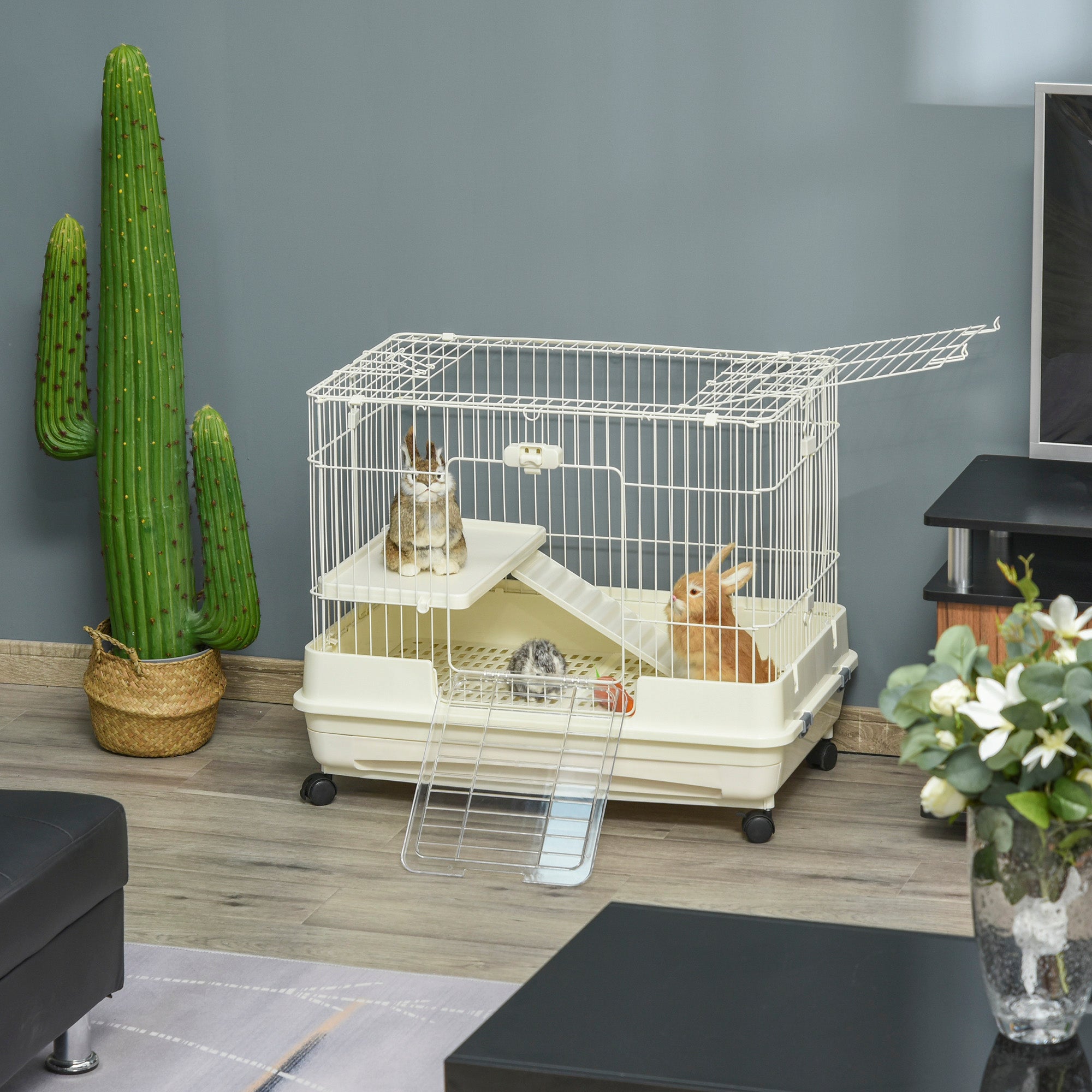 PawHut 2-Level Small Animal Cage Rabbit Hutch with Wheels, Removable Tray, Platform and Ramp for Bunny, Chinchillas, Ferret, White