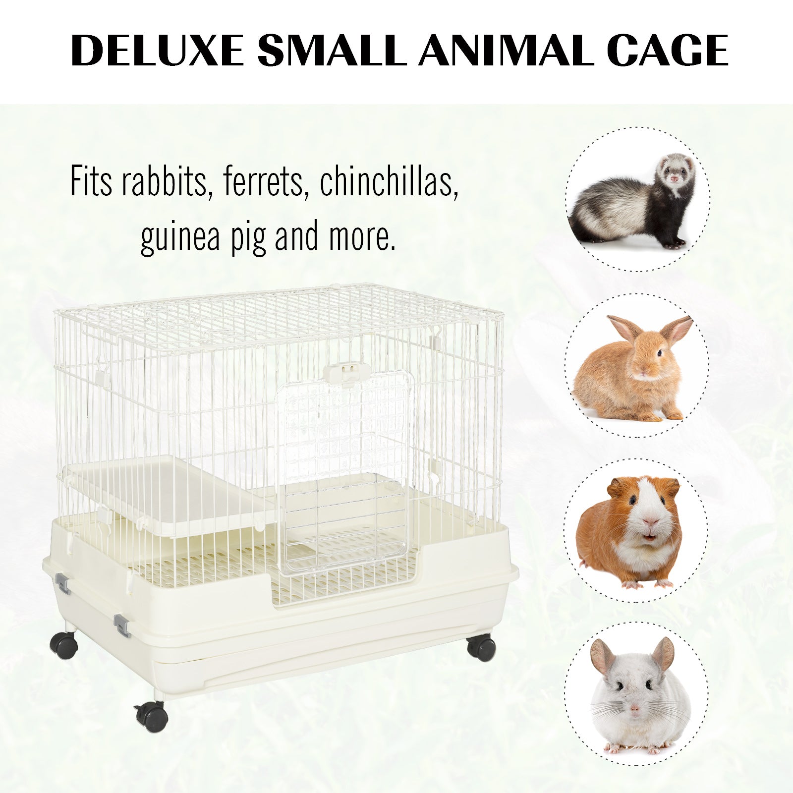 PawHut 2-Level Small Animal Cage Rabbit Hutch with Wheels, Removable Tray, Platform and Ramp for Bunny, Chinchillas, Ferret, White