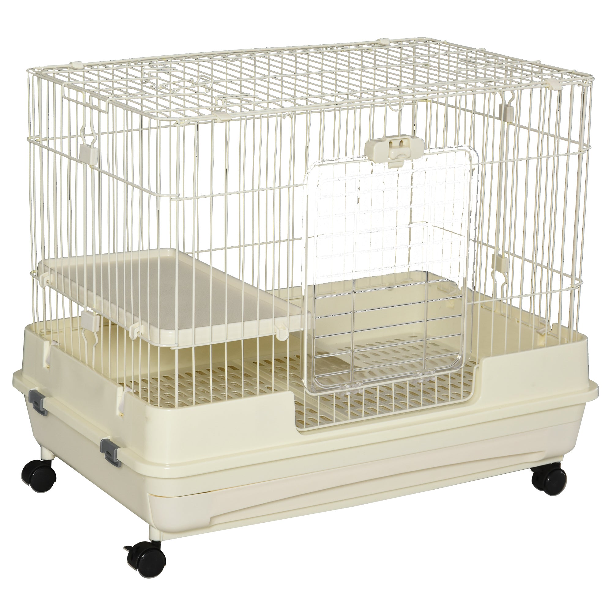 PawHut 2-Level Small Animal Cage Rabbit Hutch with Wheels, Removable Tray, Platform and Ramp for Bunny, Chinchillas, Ferret, White