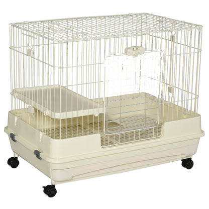 PawHut 2-Level Small Animal Cage Rabbit Hutch with Wheels, Removable Tray, Platform and Ramp for Bunny, Chinchillas, Ferret, White