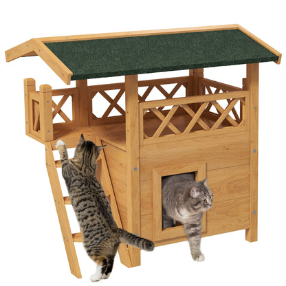 PawHut Outdoor Cat House Kitten Shelter Puppy Kennel with Balcony Stairs Asphalt Roof, 77 x 50 x 73 cm, Natural Wood Finish