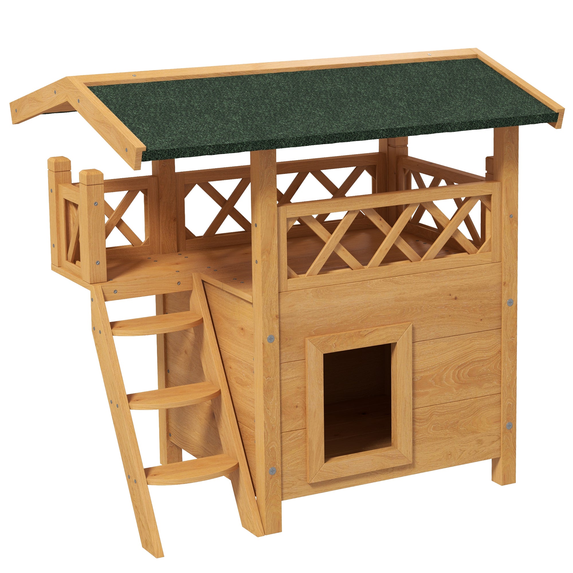 PawHut Outdoor Cat House Kitten Shelter Puppy Kennel with Balcony Stairs Asphalt Roof, 77 x 50 x 73 cm, Natural Wood Finish