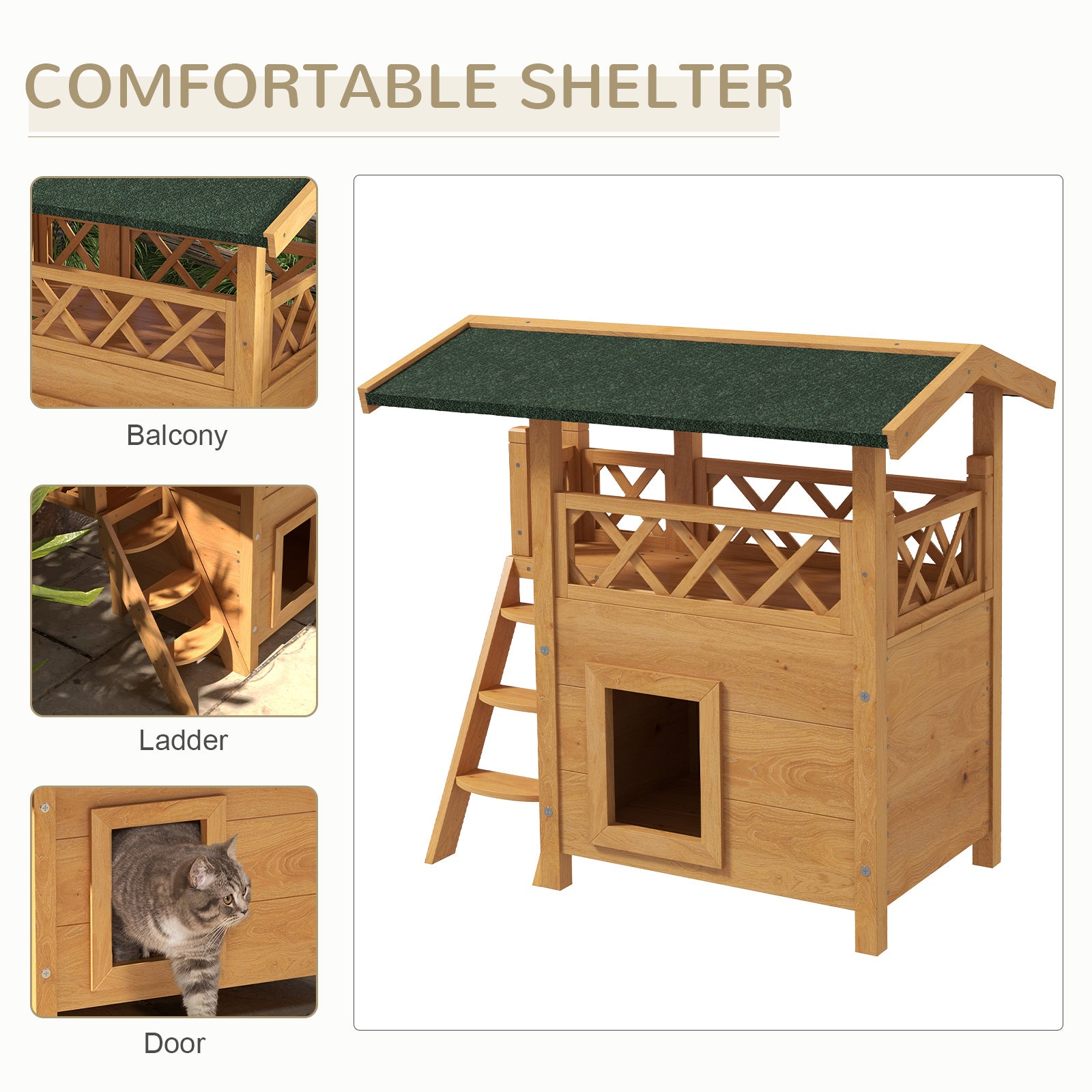 PawHut Outdoor Cat House Kitten Shelter Puppy Kennel with Balcony Stairs Asphalt Roof, 77 x 50 x 73 cm, Natural Wood Finish