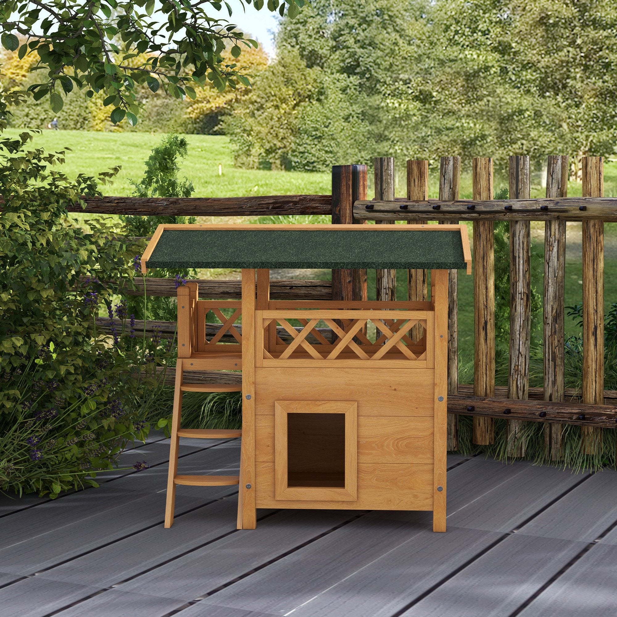 PawHut Outdoor Cat House Kitten Shelter Puppy Kennel with Balcony Stairs Asphalt Roof, 77 x 50 x 73 cm, Natural Wood Finish