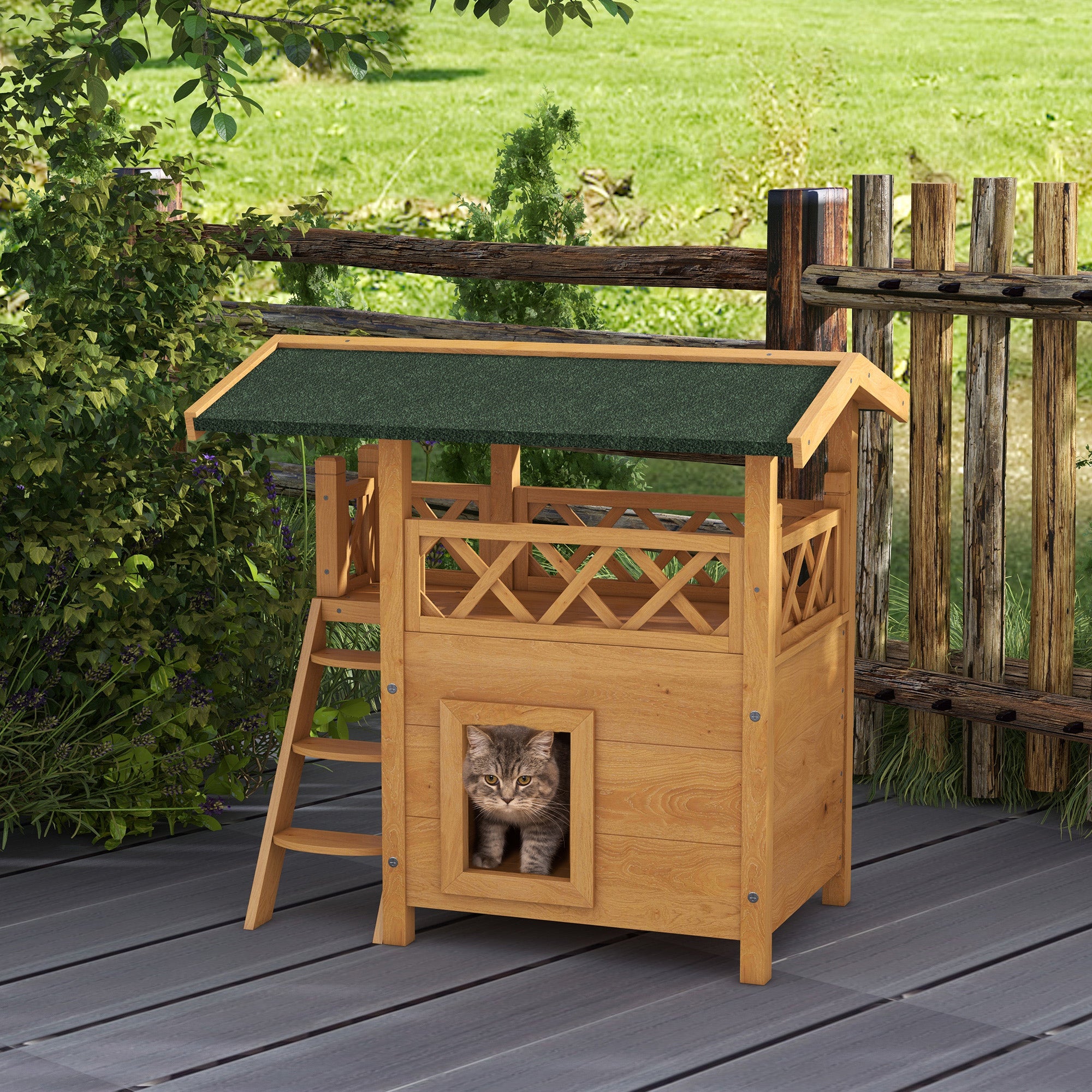 PawHut Outdoor Cat House Kitten Shelter Puppy Kennel with Balcony Stairs Asphalt Roof, 77 x 50 x 73 cm, Natural Wood Finish