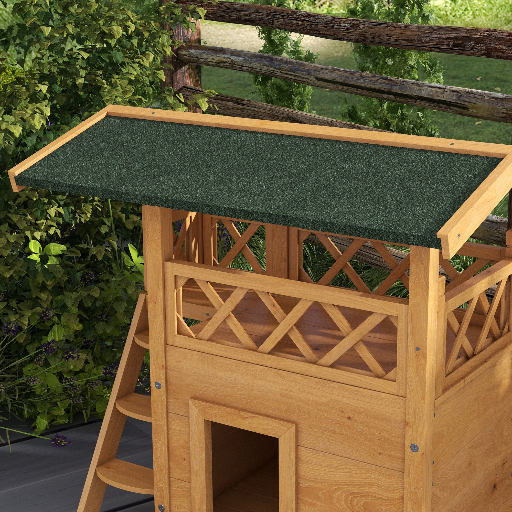 PawHut Outdoor Cat House Kitten Shelter Puppy Kennel with Balcony Stairs Asphalt Roof, 77 x 50 x 73 cm, Natural Wood Finish