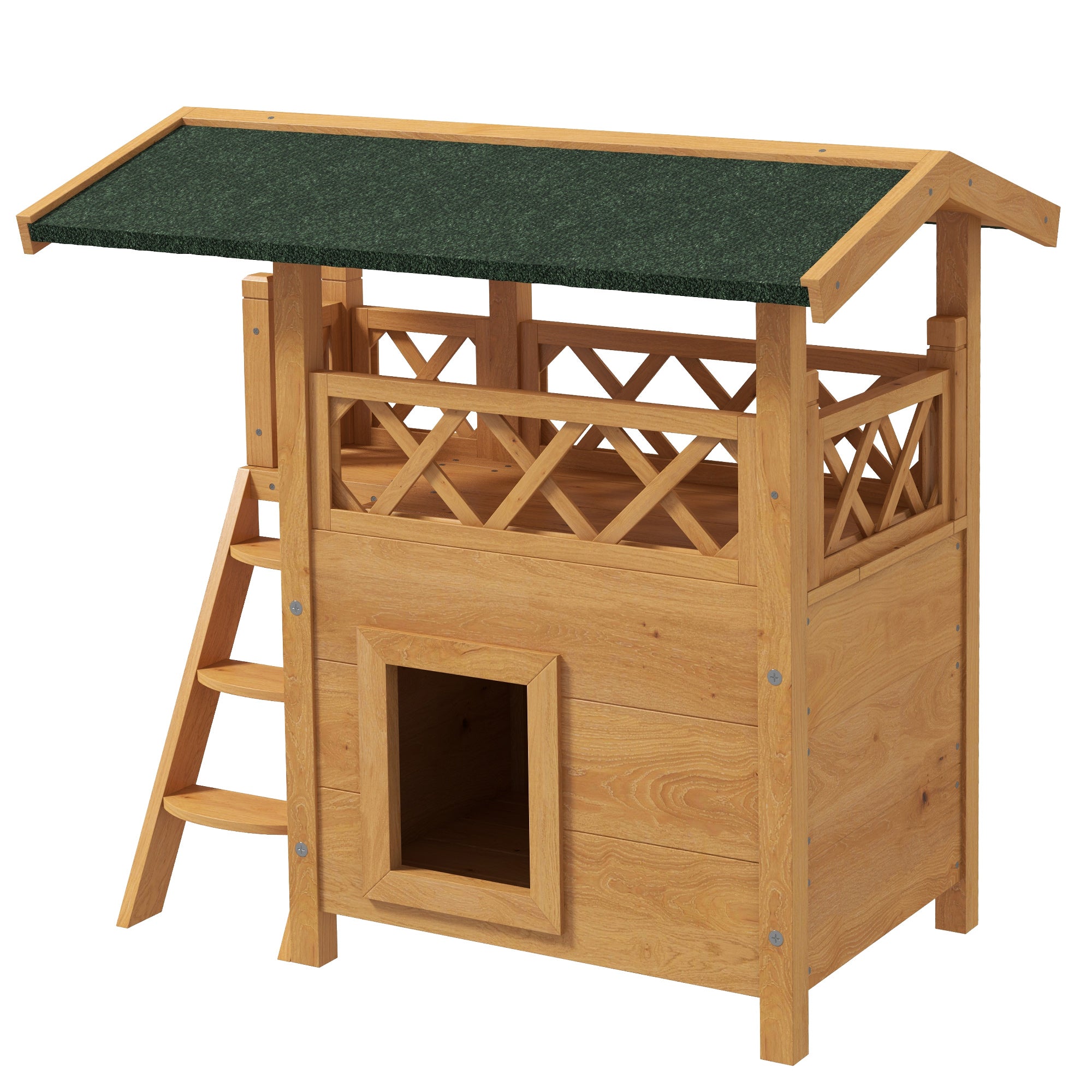 PawHut Outdoor Cat House Kitten Shelter Puppy Kennel with Balcony Stairs Asphalt Roof, 77 x 50 x 73 cm, Natural Wood Finish