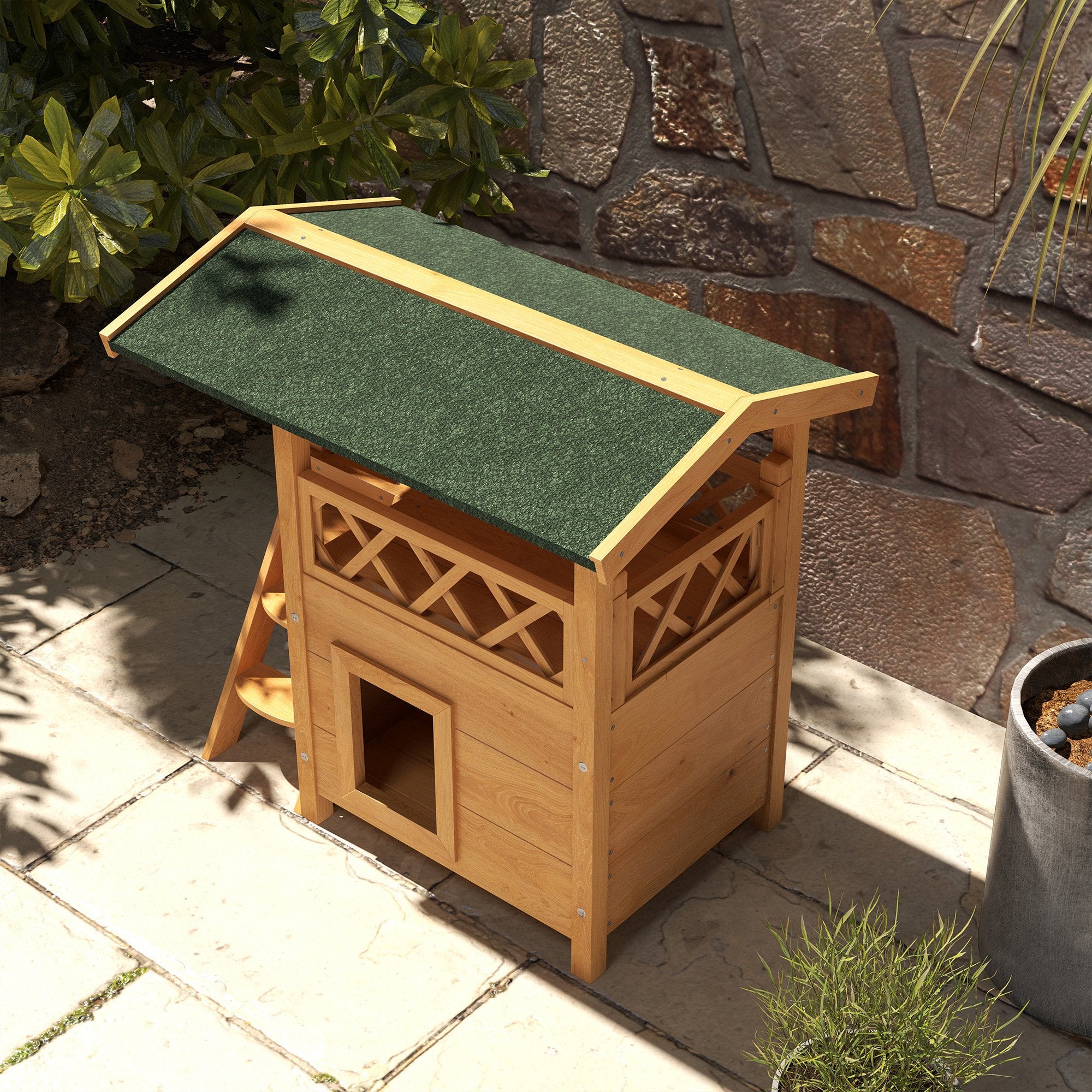 PawHut Outdoor Cat House Kitten Shelter Puppy Kennel with Balcony Stairs Asphalt Roof, 77 x 50 x 73 cm, Natural Wood Finish