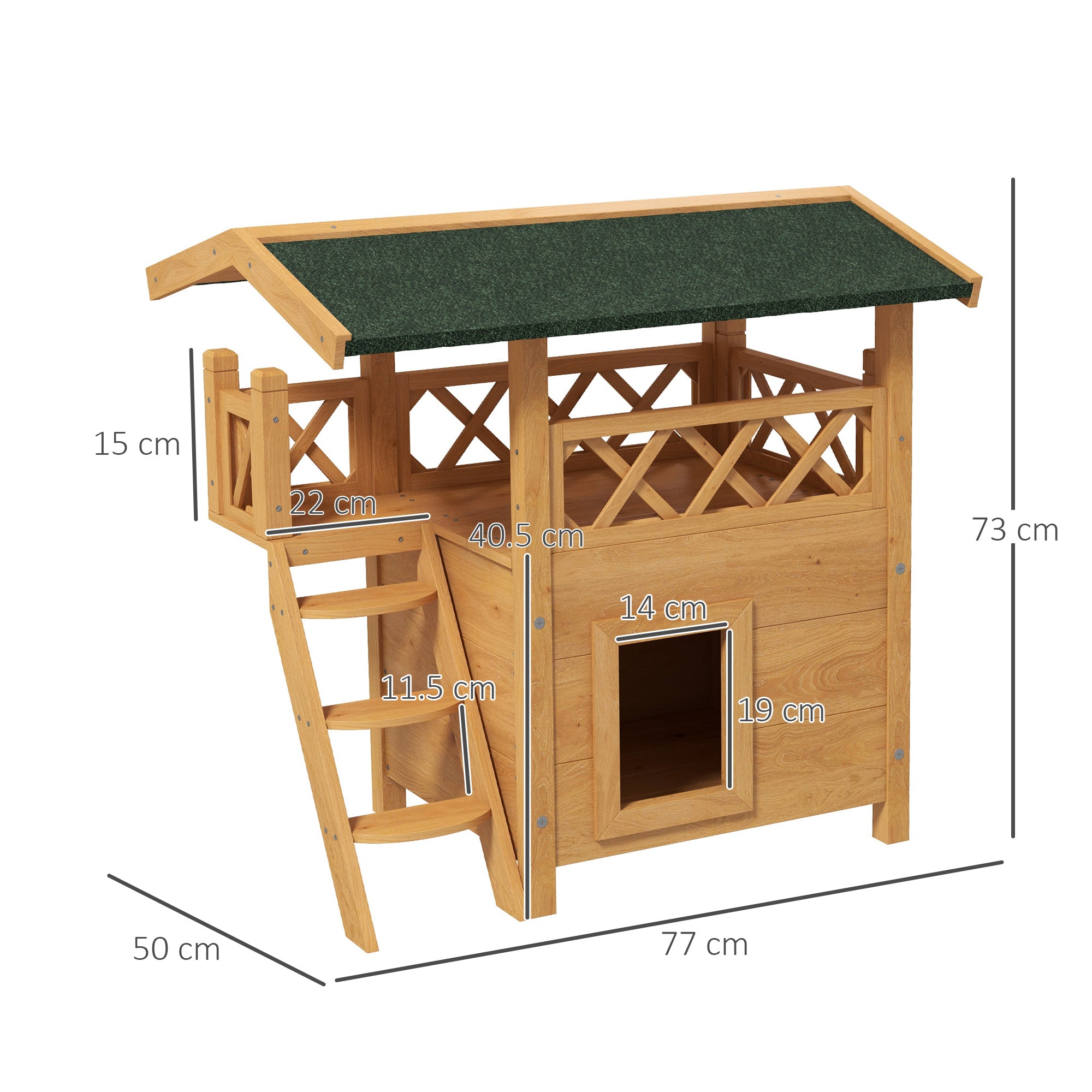 PawHut Outdoor Cat House Kitten Shelter Puppy Kennel with Balcony Stairs Asphalt Roof, 77 x 50 x 73 cm, Natural Wood Finish
