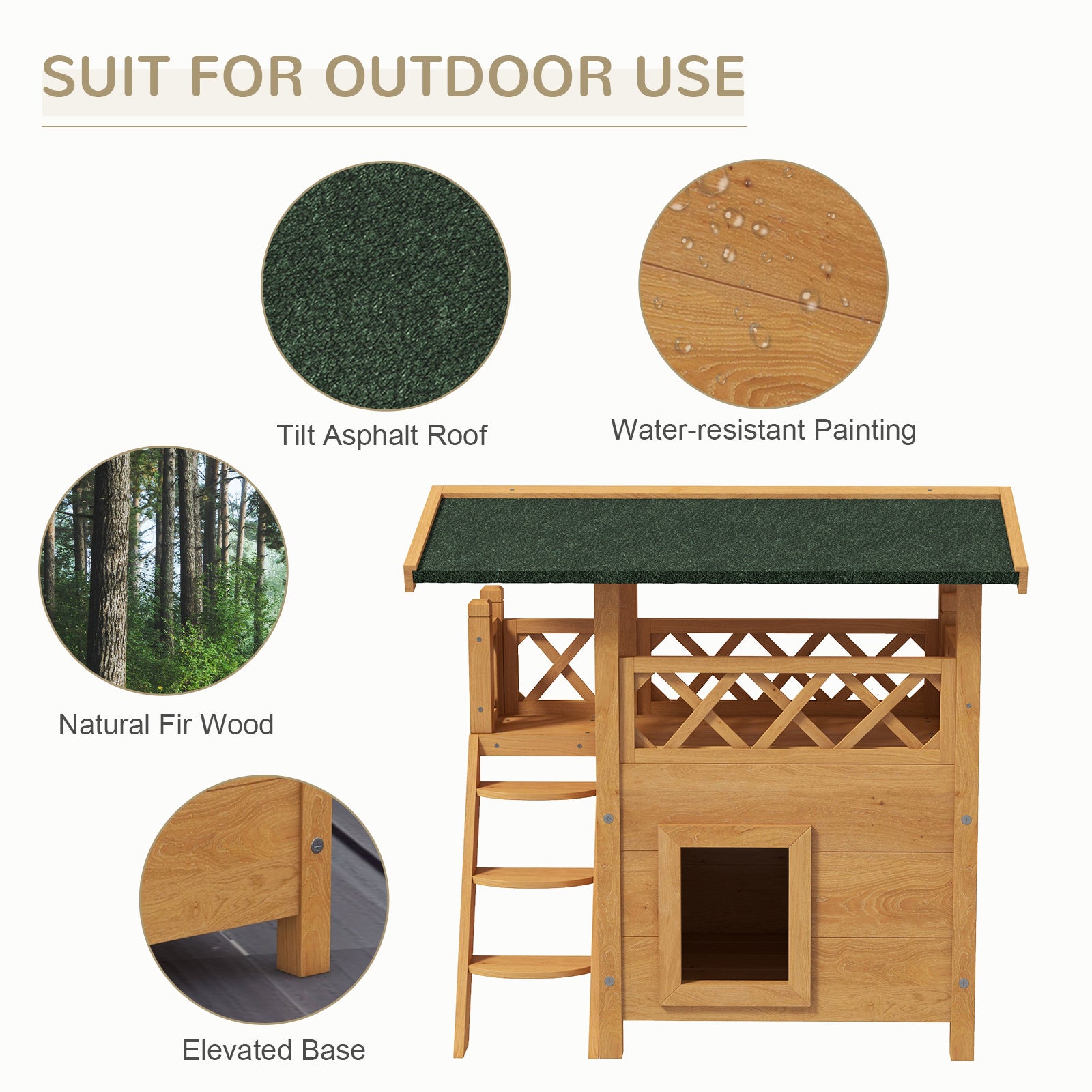 PawHut Outdoor Cat House Kitten Shelter Puppy Kennel with Balcony Stairs Asphalt Roof, 77 x 50 x 73 cm, Natural Wood Finish