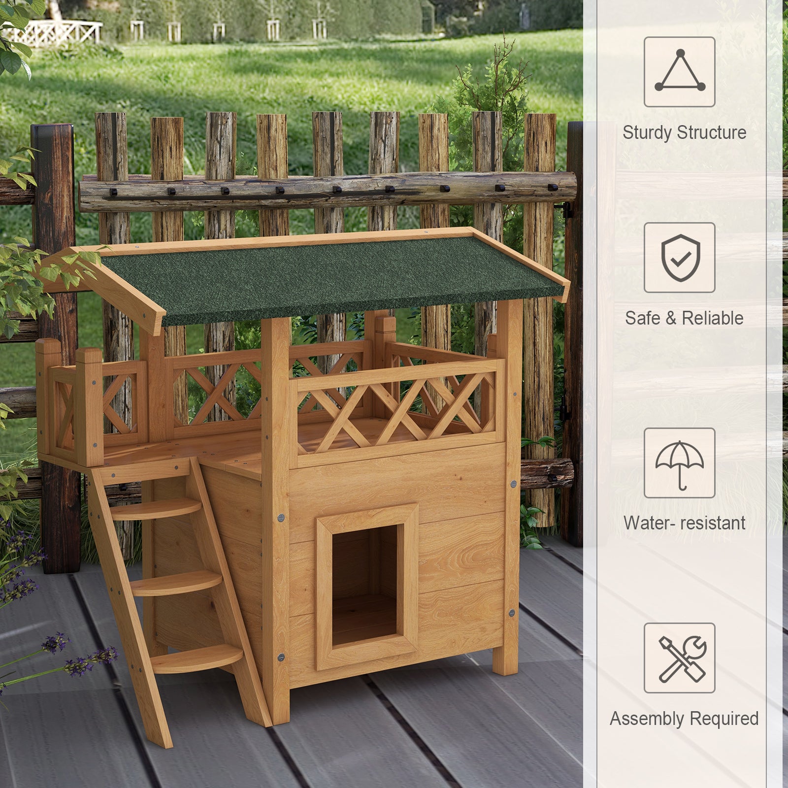 PawHut Outdoor Cat House Kitten Shelter Puppy Kennel with Balcony Stairs Asphalt Roof, 77 x 50 x 73 cm, Natural Wood Finish