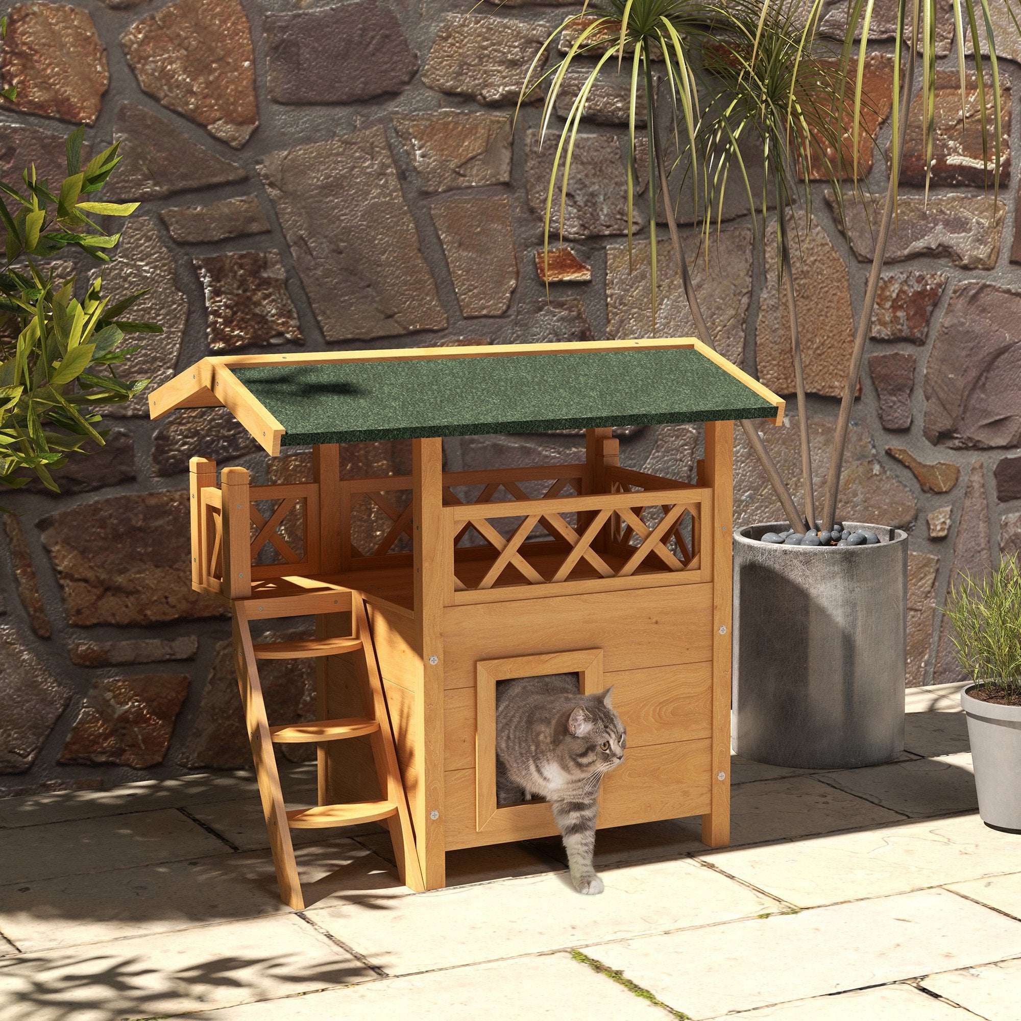 PawHut Outdoor Cat House Kitten Shelter Puppy Kennel with Balcony Stairs Asphalt Roof, 77 x 50 x 73 cm, Natural Wood Finish