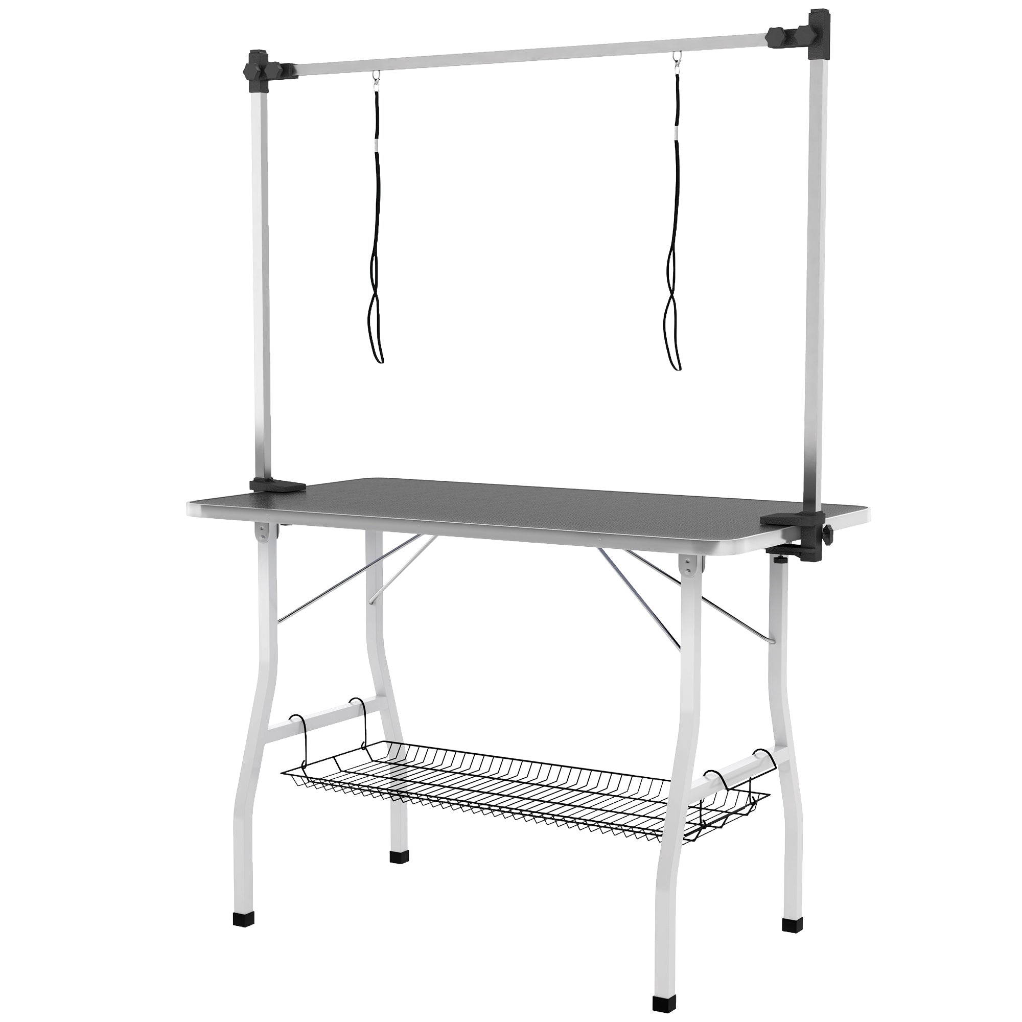 PawHut 42in Foldable Dog Grooming Table, Pet Grooming Table with Adjustable Grooming Arms, Storage Shelf, Two Nooses, 42" x 24" x 61", Black