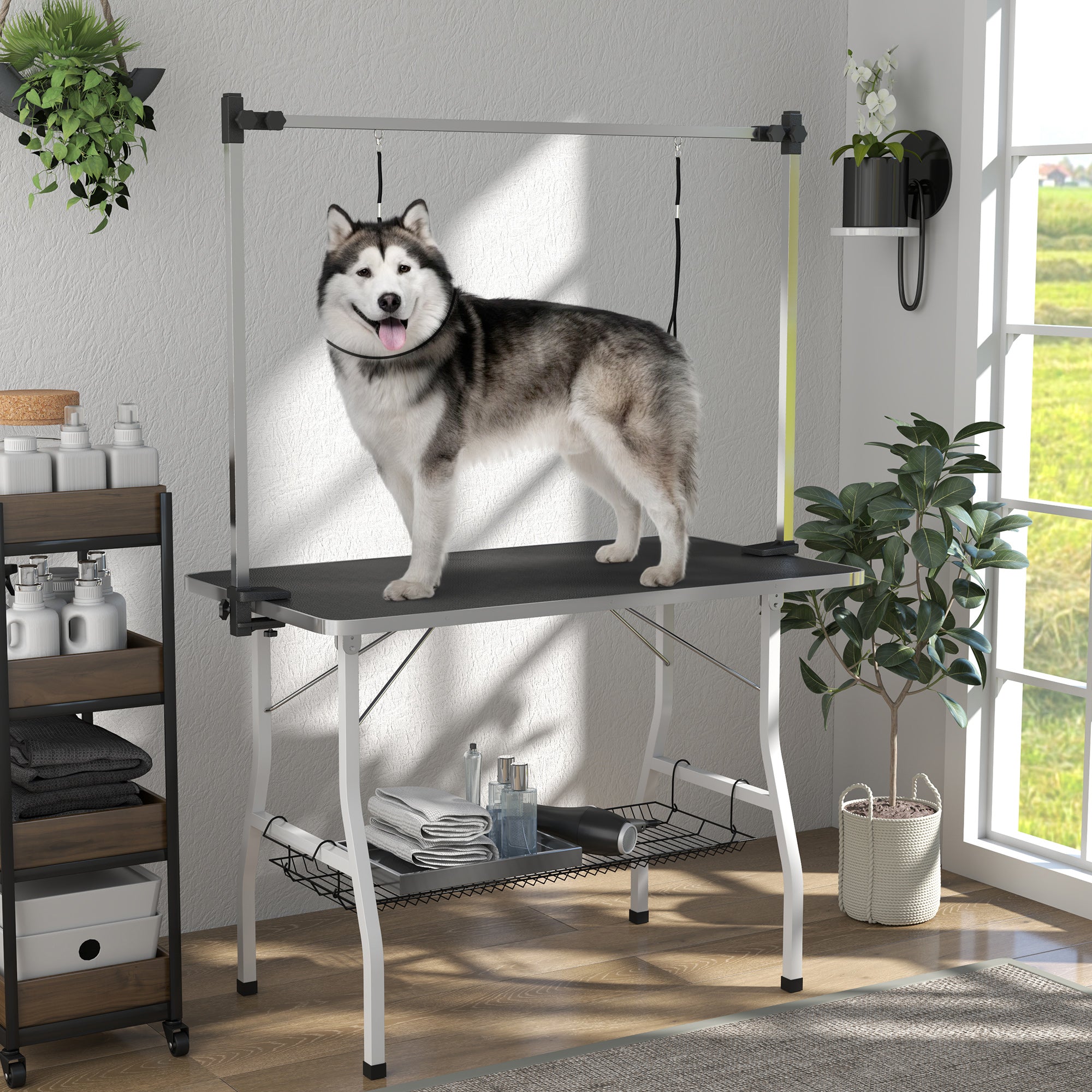 PawHut 42in Foldable Dog Grooming Table, Pet Grooming Table with Adjustable Grooming Arms, Storage Shelf, Two Nooses, 42" x 24" x 61", Black