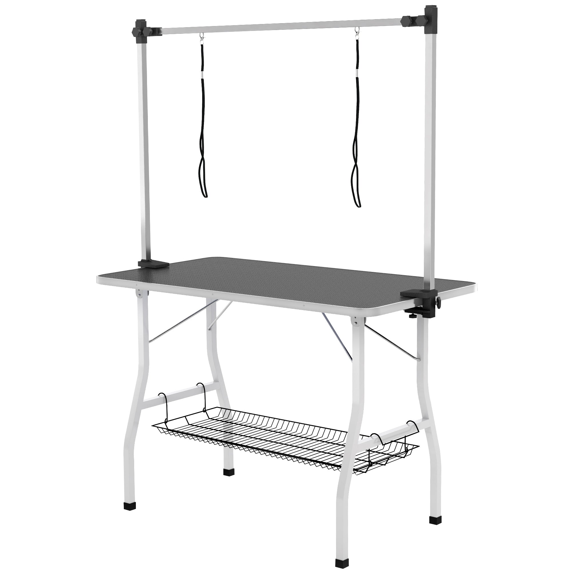 PawHut 42in Foldable Dog Grooming Table, Pet Grooming Table with Adjustable Grooming Arms, Storage Shelf, Two Nooses, 42" x 24" x 61", Black