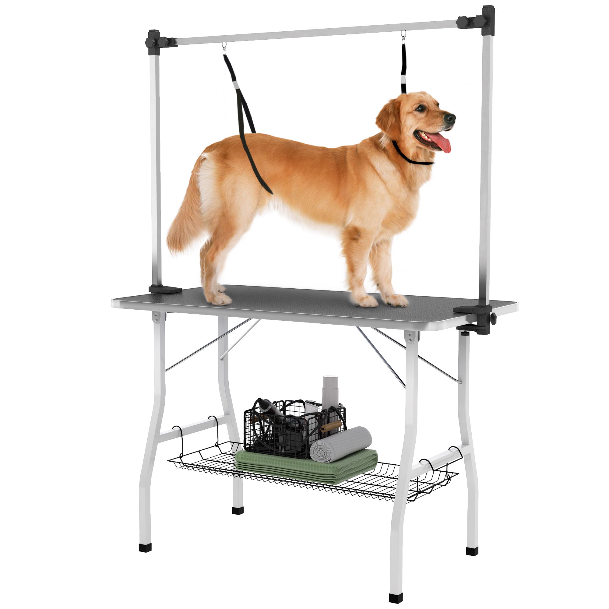 PawHut 42in Foldable Dog Grooming Table, Pet Grooming Table with Adjustable Grooming Arms, Storage Shelf, Two Nooses, 42" x 24" x 61", Black